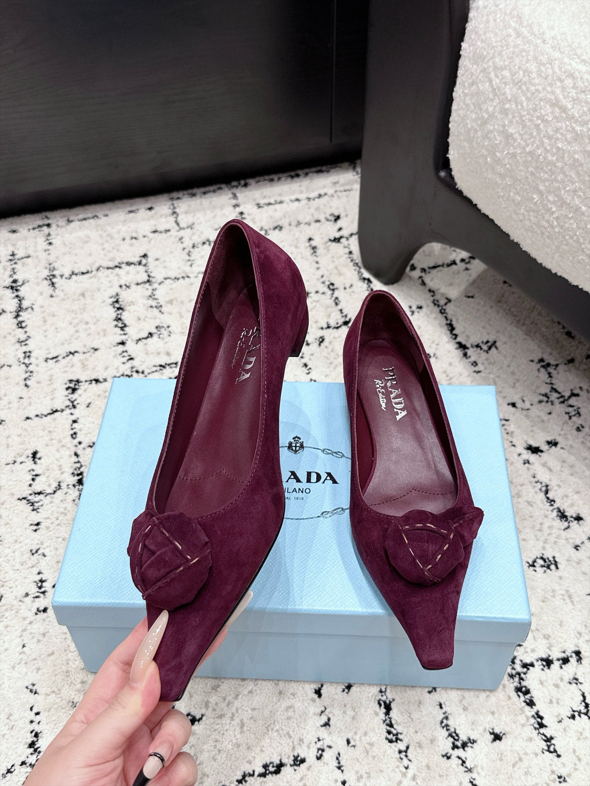 Prada Floral Detail Flats Burgundy Suede 120977