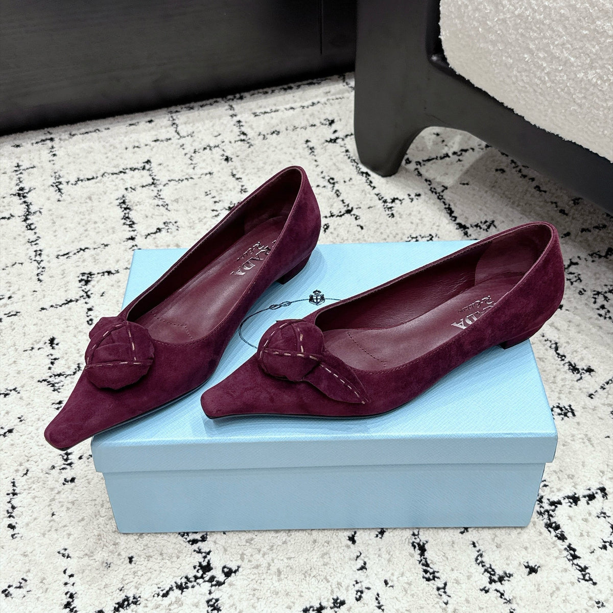 Prada Floral Detail Flats Burgundy Suede 120977