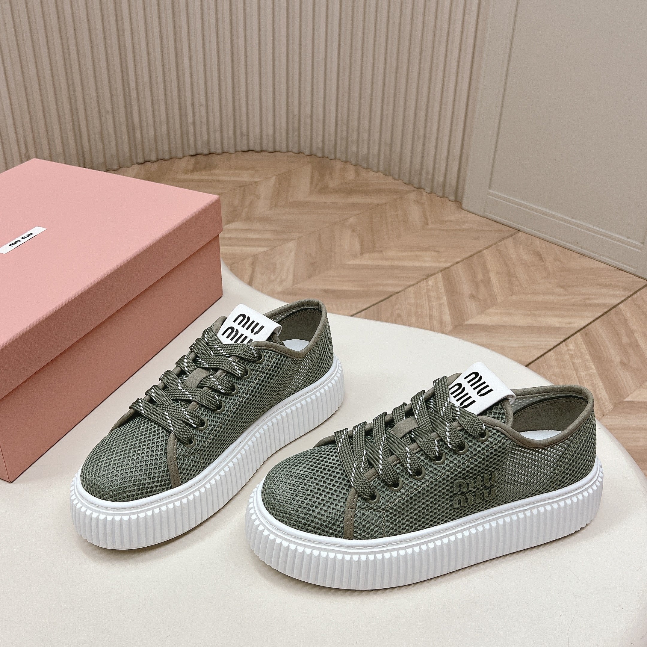 Miu Platform Sneakers Olive Green Mesh 798600