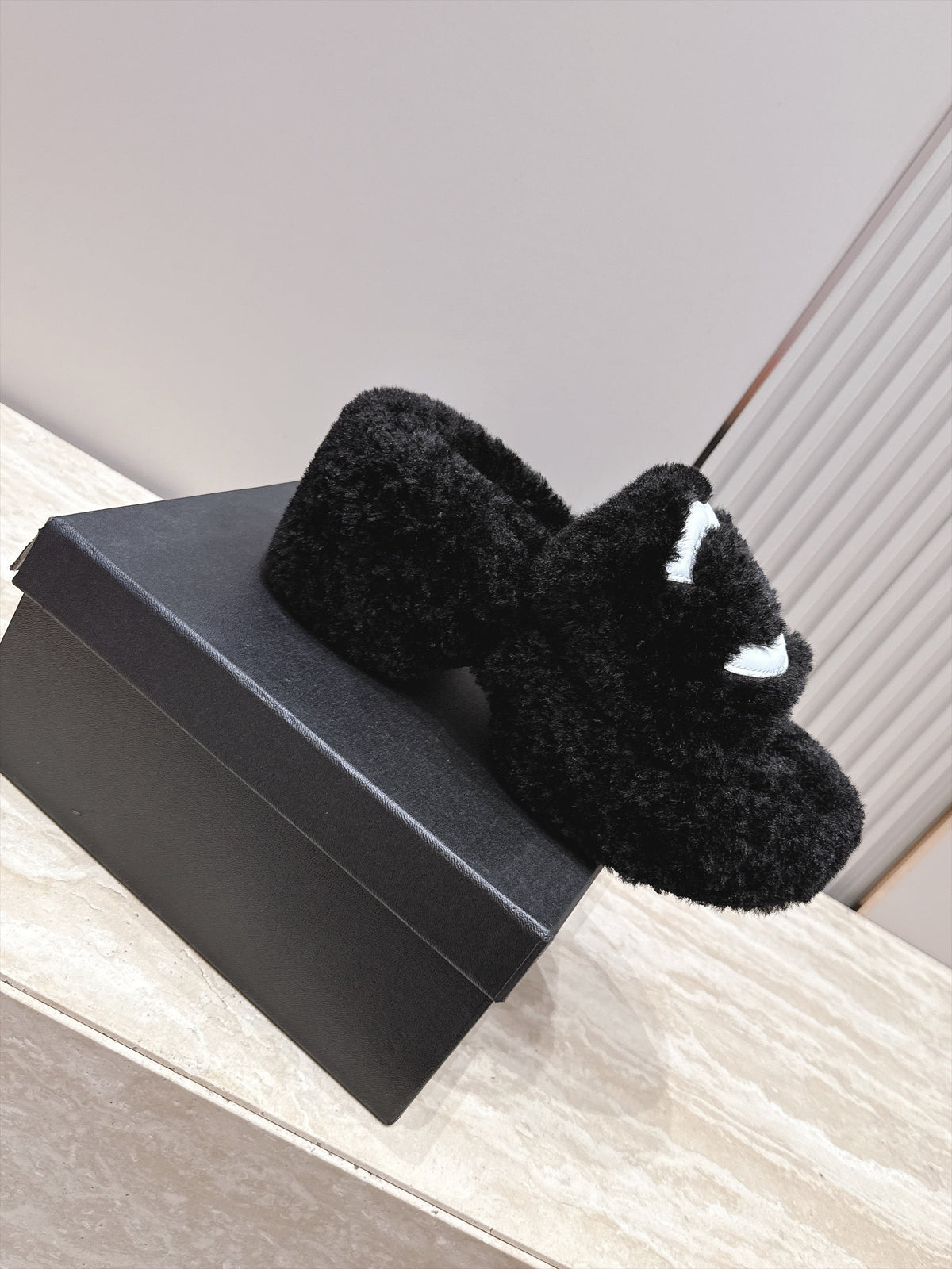 CC 26s Shearling Platform Slides Black White 121574