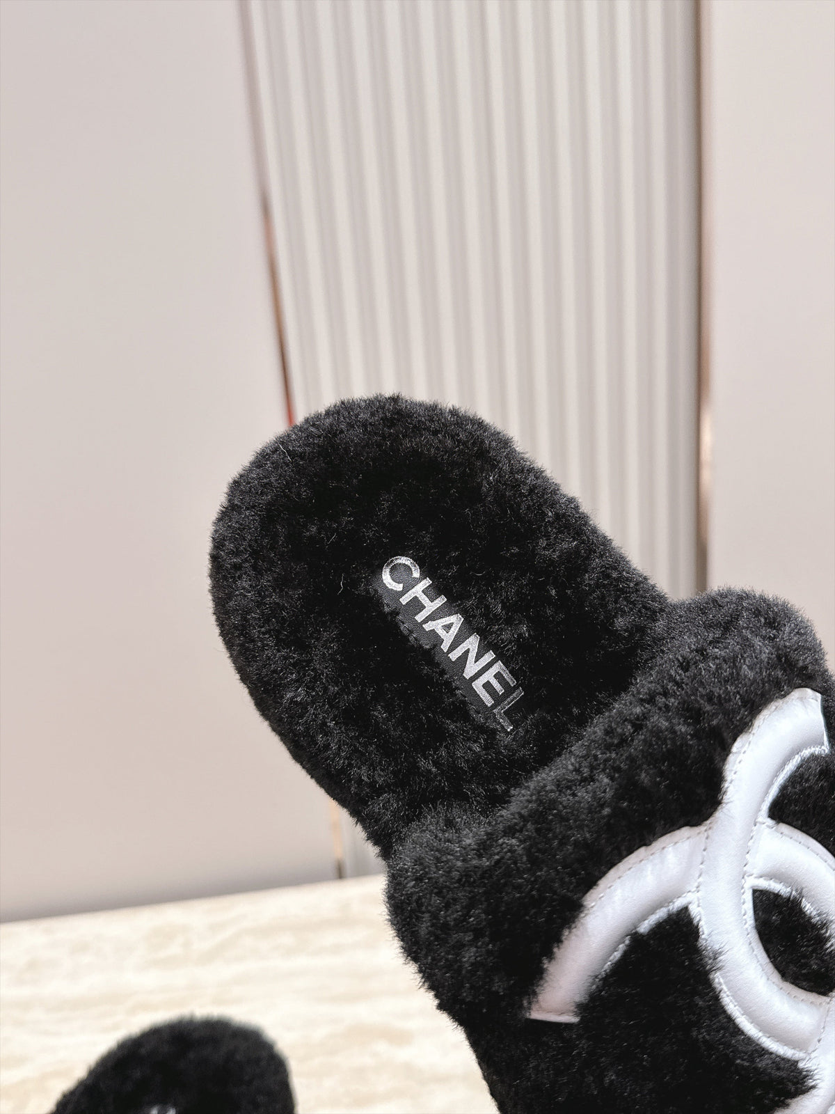 CC 26s Shearling Platform Slides Black White 121574