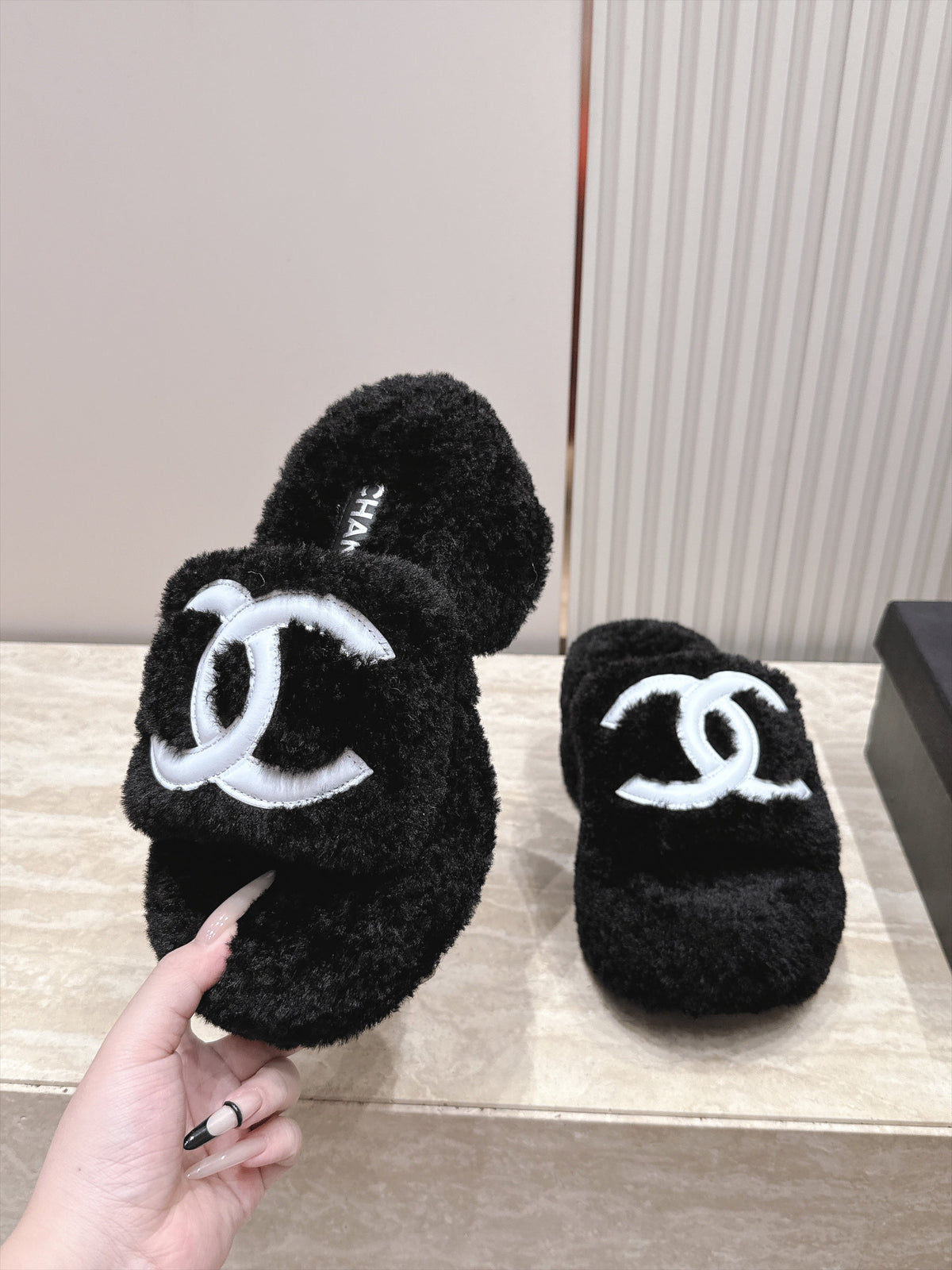 CC 26s Shearling Platform Slides Black White 121574