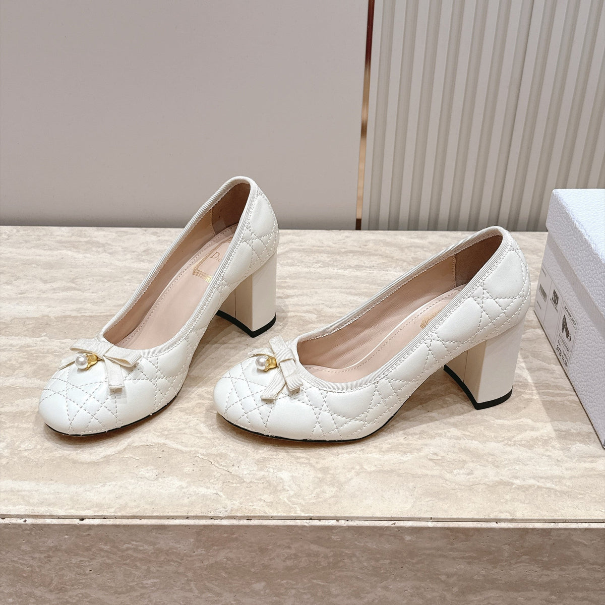 CD 26s Block Heel Pumps 7cm Off White Cannage Quilted Leather 121655