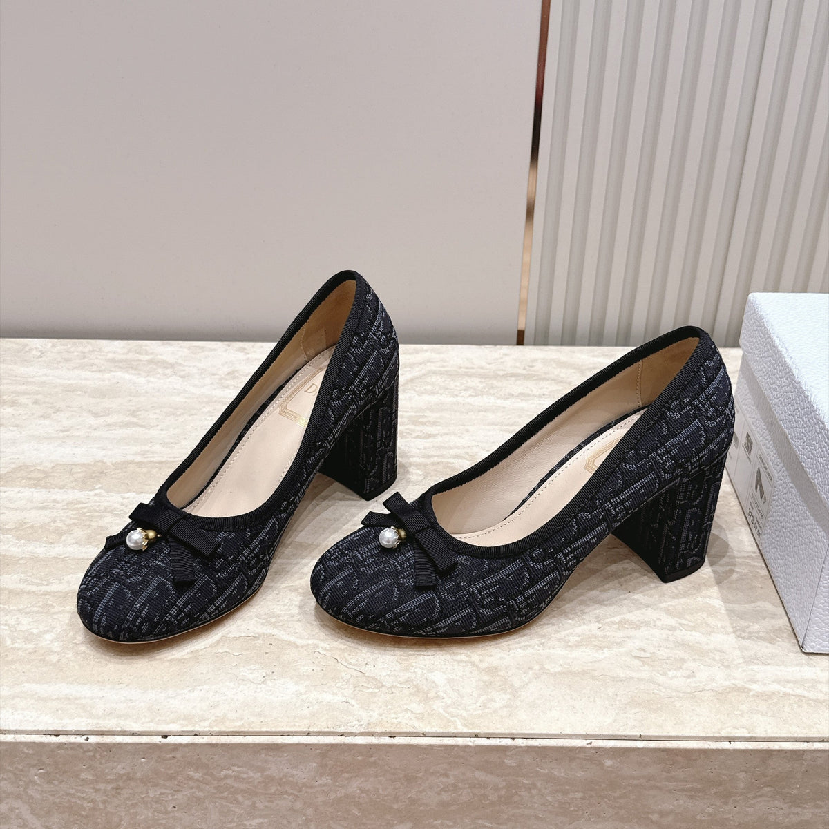 CD 26s Block Heel Pumps 7cm Black Oblique Canvas 121658