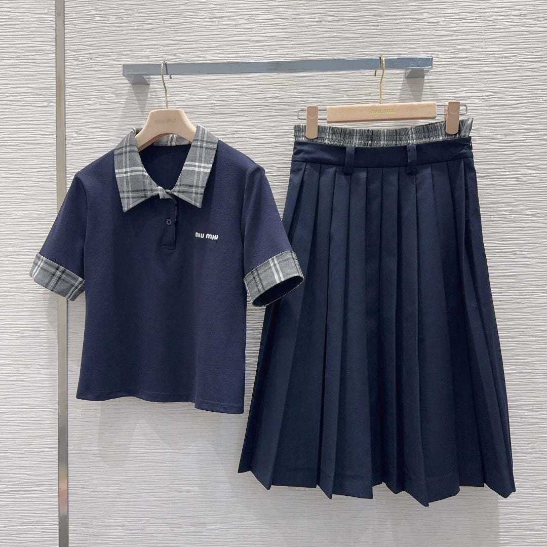 Miu SS26 Set Polo Shirt Pleated Skirt Navy Blue Polyester Cotton 351275