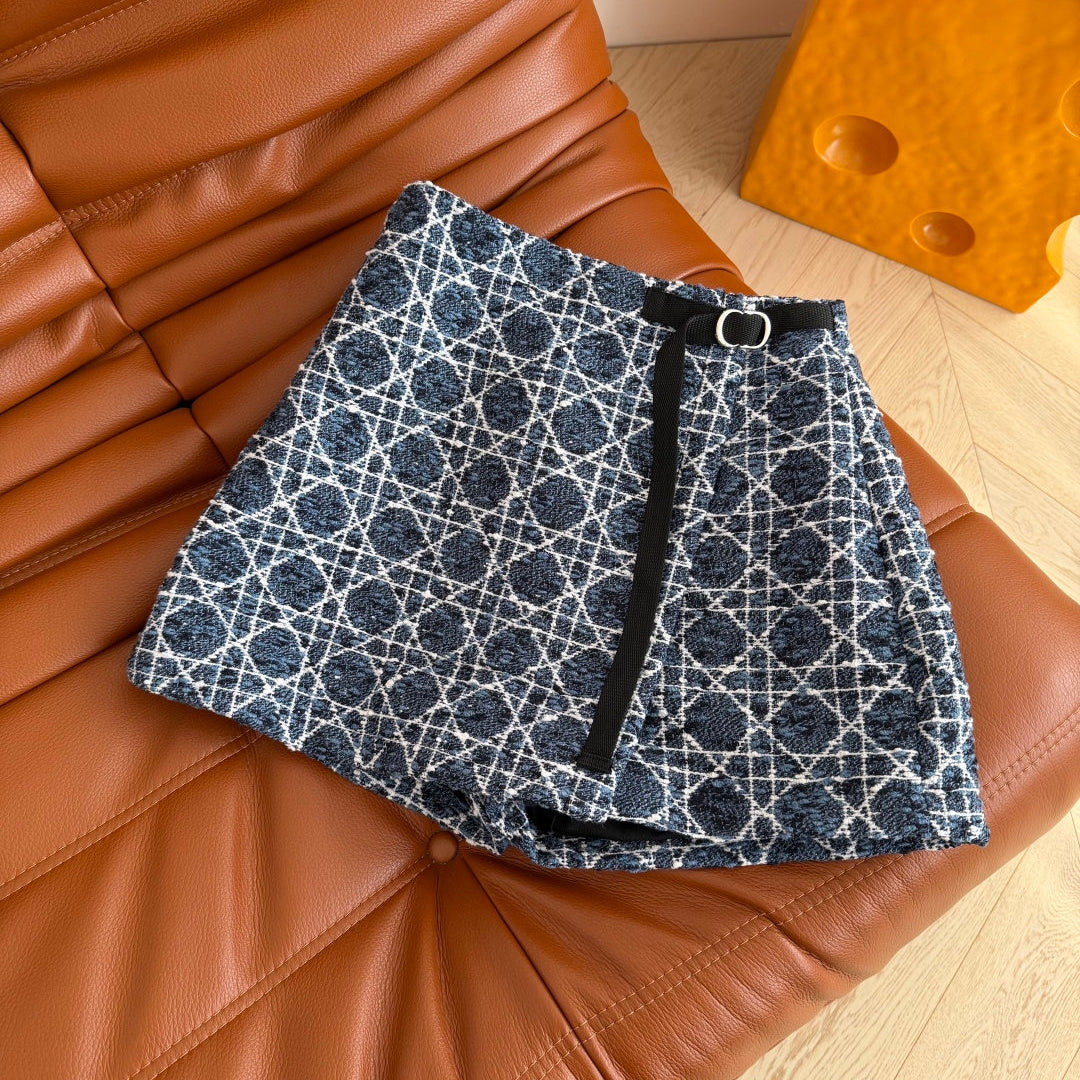 CD SS26 Macrocannage  Flared Miniskirt Navy Blue Ecru Tweed 340212