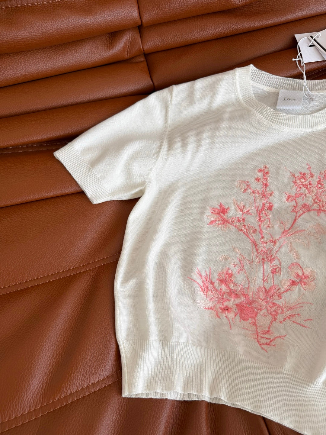 CD Short-Sleeved Embroidered Sweater White Pink Cotton 371637