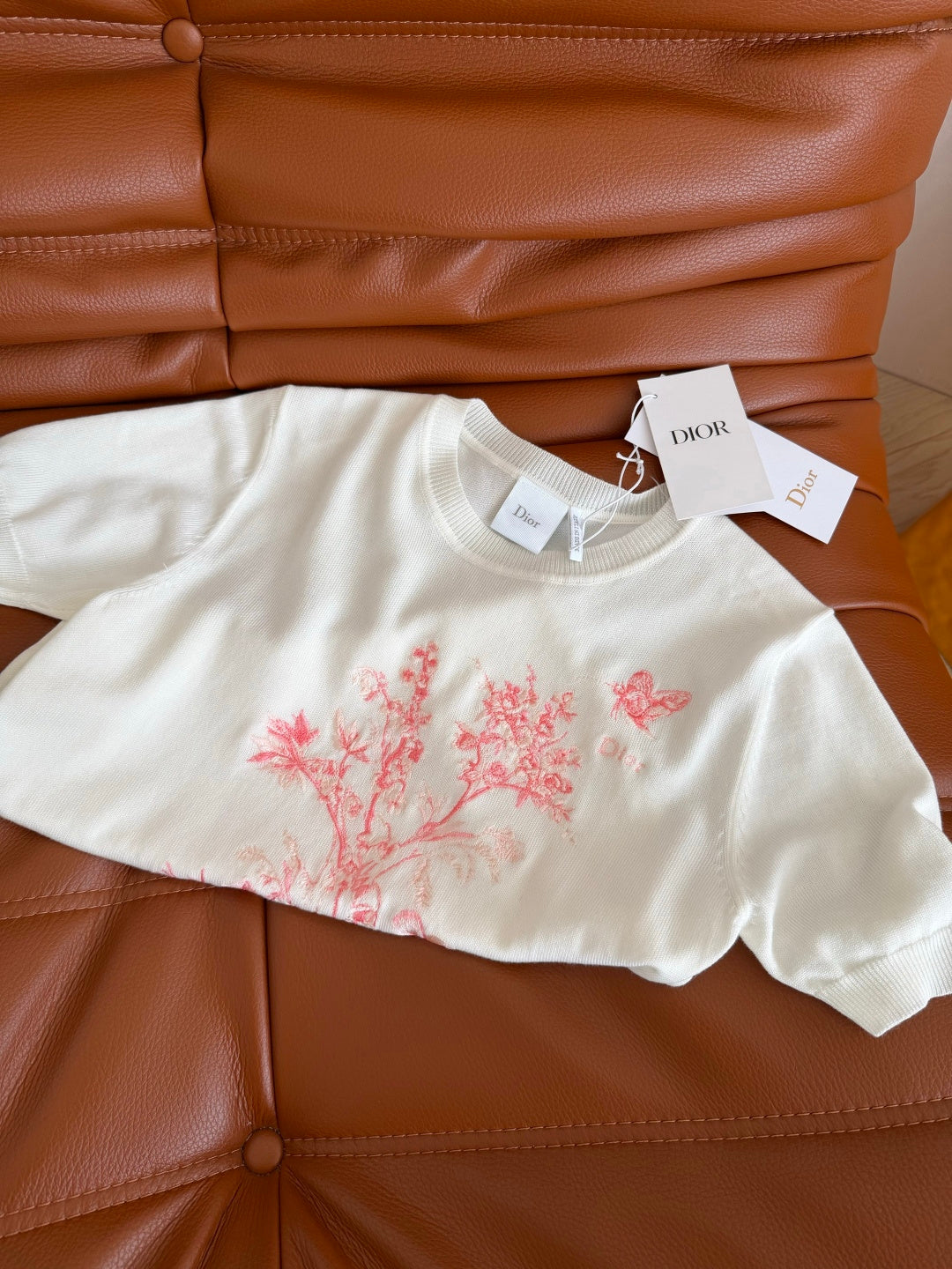 CD Short-Sleeved Embroidered Sweater White Pink Cotton 371637