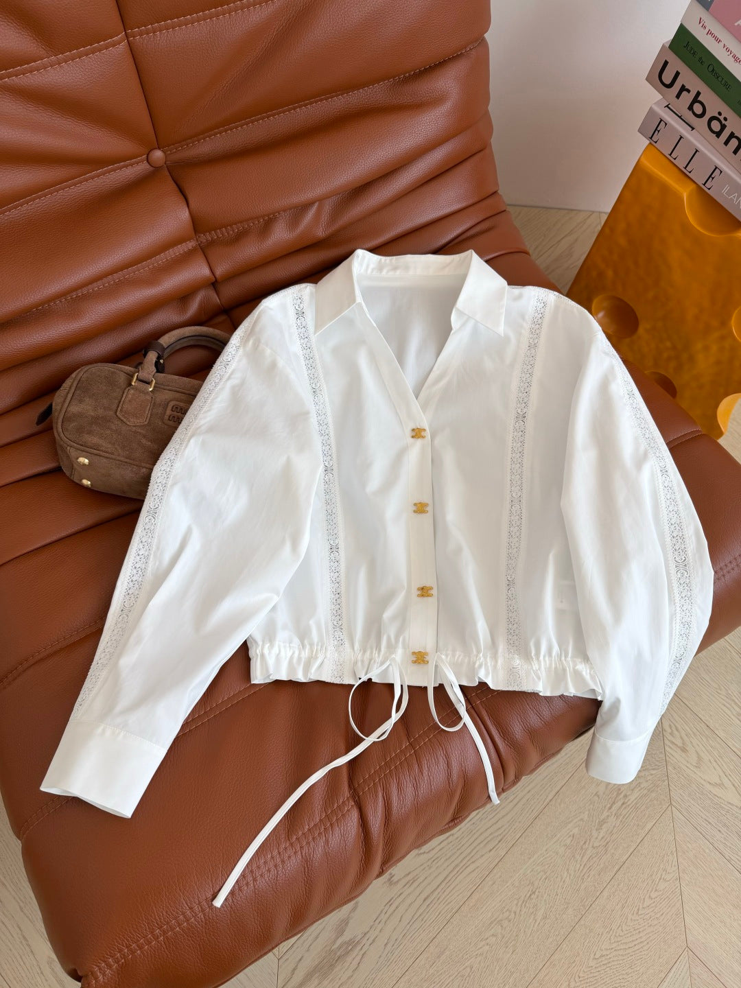 Celine 26s Triomphe Hollow-out Striped Shirt White Cotton 424364