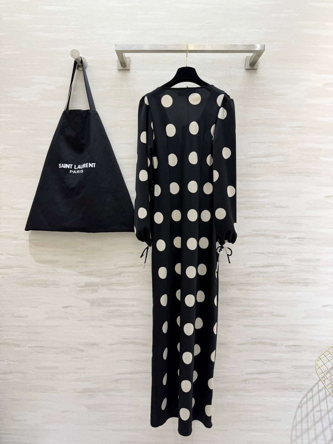 YSL Polka Dot Satin Long Dress Black White 394186