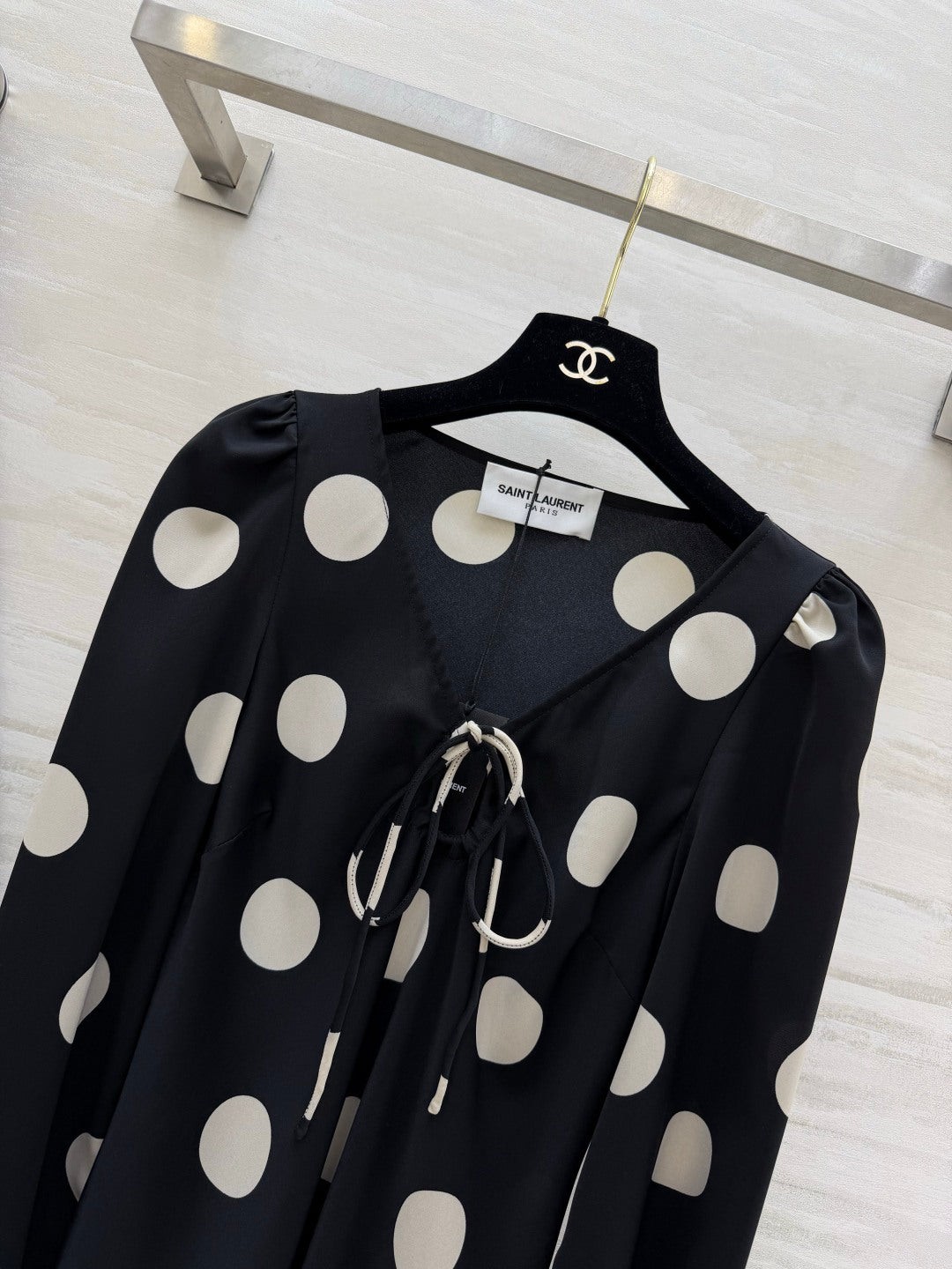 YSL Polka Dot Satin Long Dress Black White 394186
