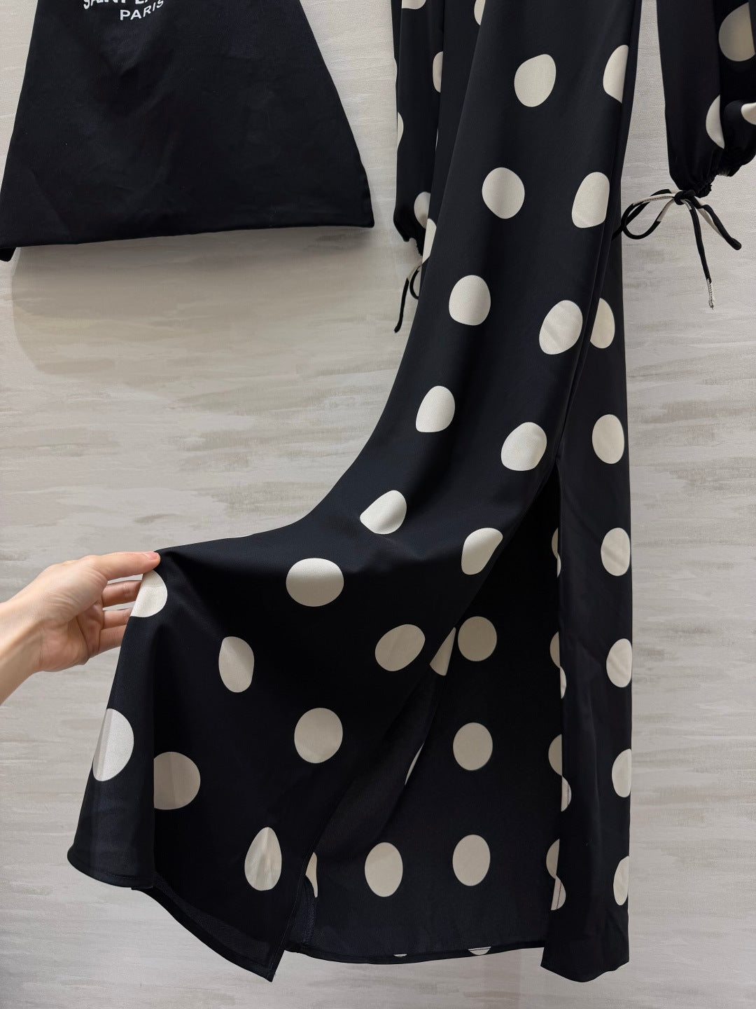 YSL Polka Dot Satin Long Dress Black White 394186