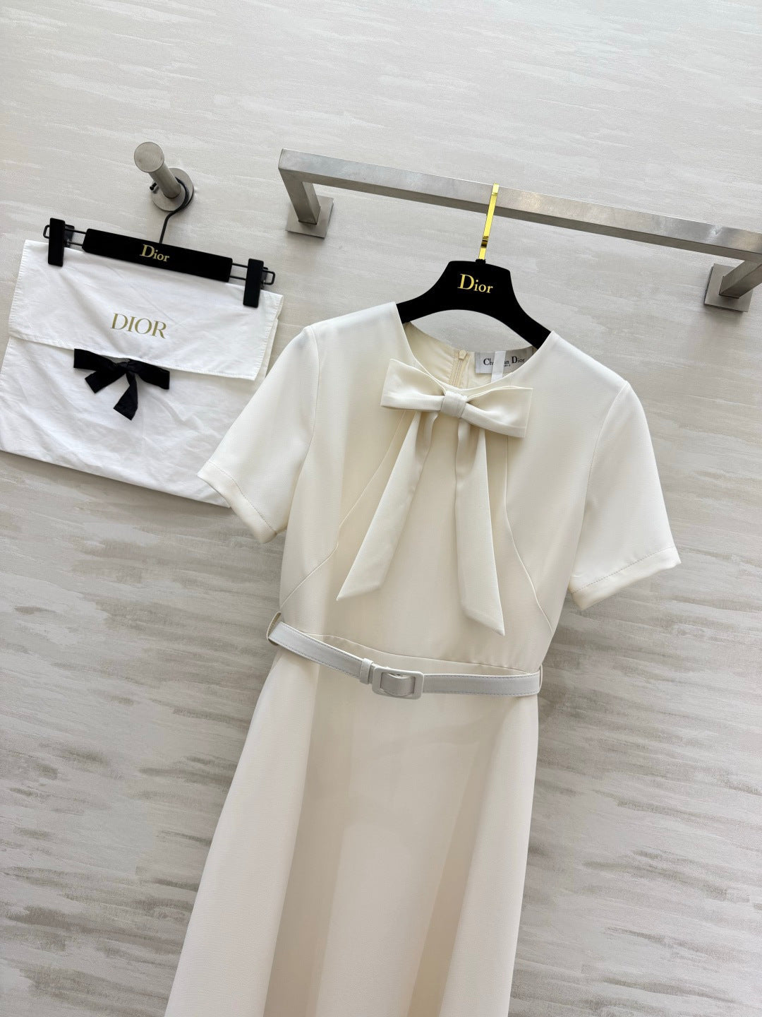 CD 26s Mid-Length Belted Dress White Wool  Silk 394159