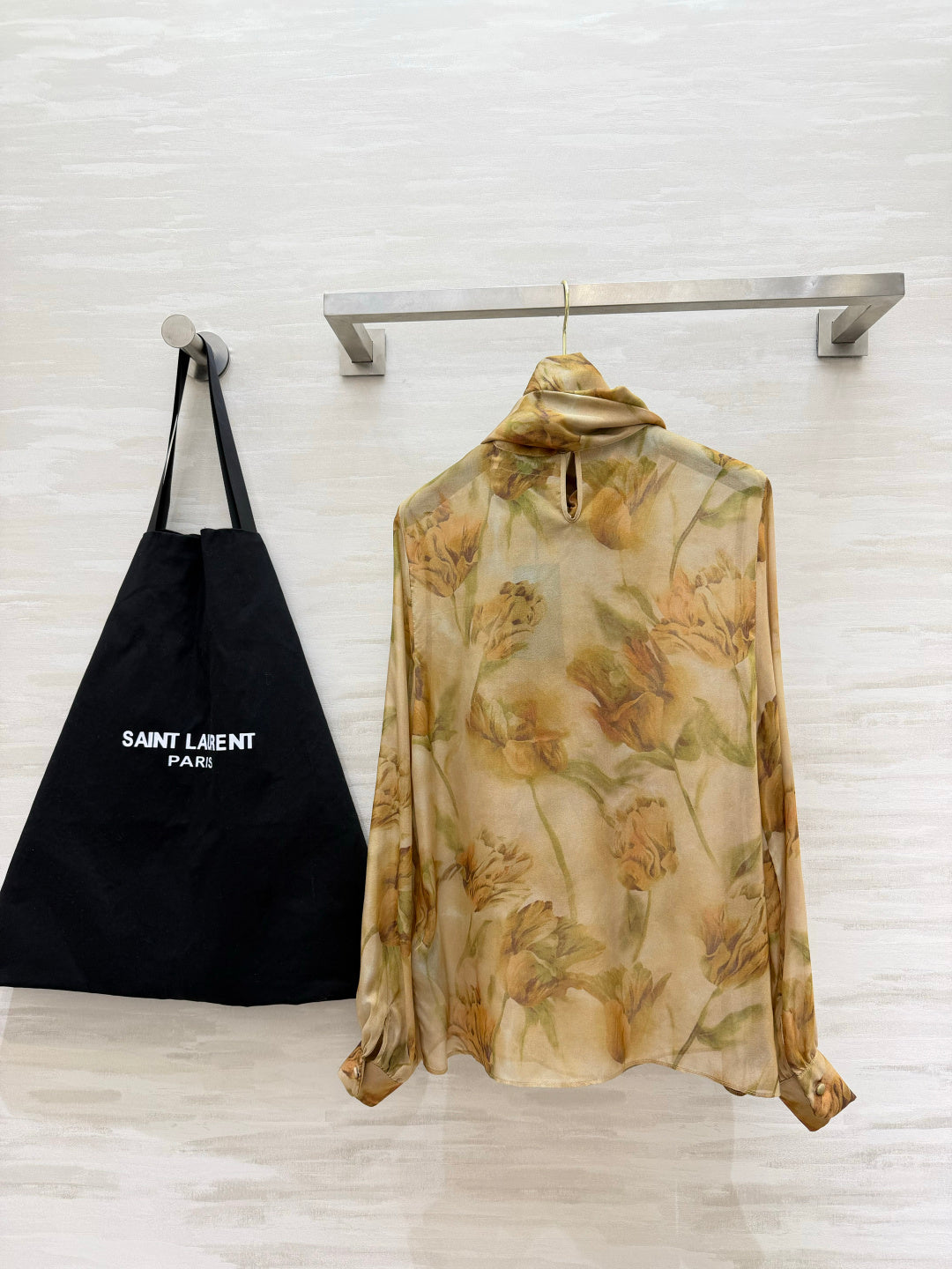 YSL Lavallière Leopard-Print Blouse Beige Silk 397064