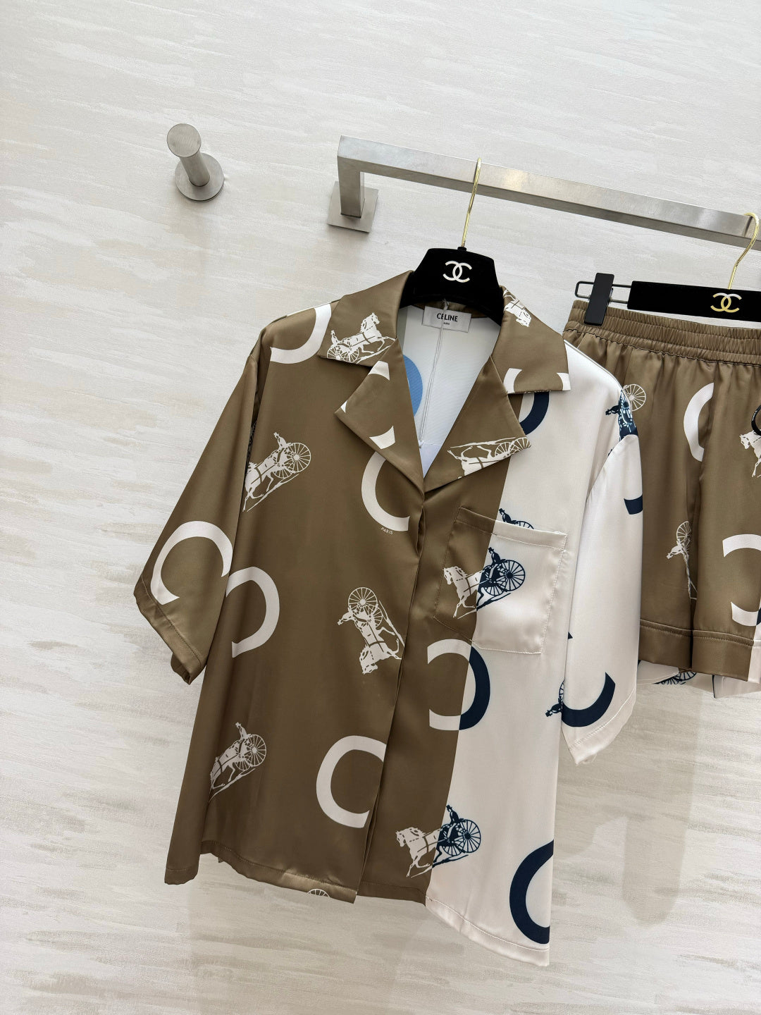 Celine Set Pyjama Shirt Short Brown White Silk Twill 397059