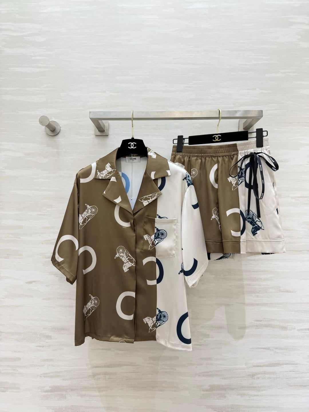 Celine Set Pyjama Shirt Short Brown White Silk Twill 397059