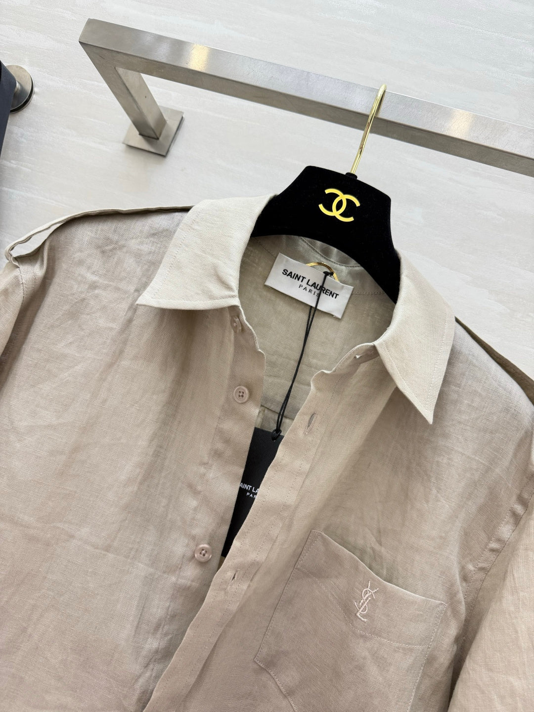 YSL 26s Short-Sleeve Shirt Cream Linen 397024