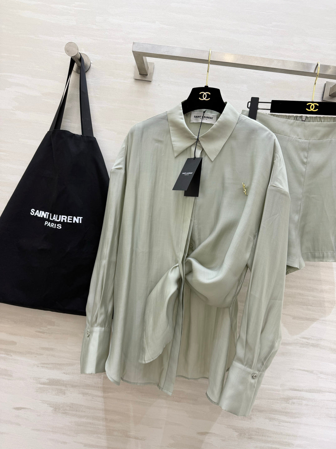 YSL 26s Long-Sleeved Silk Shirt Set Grey 398904