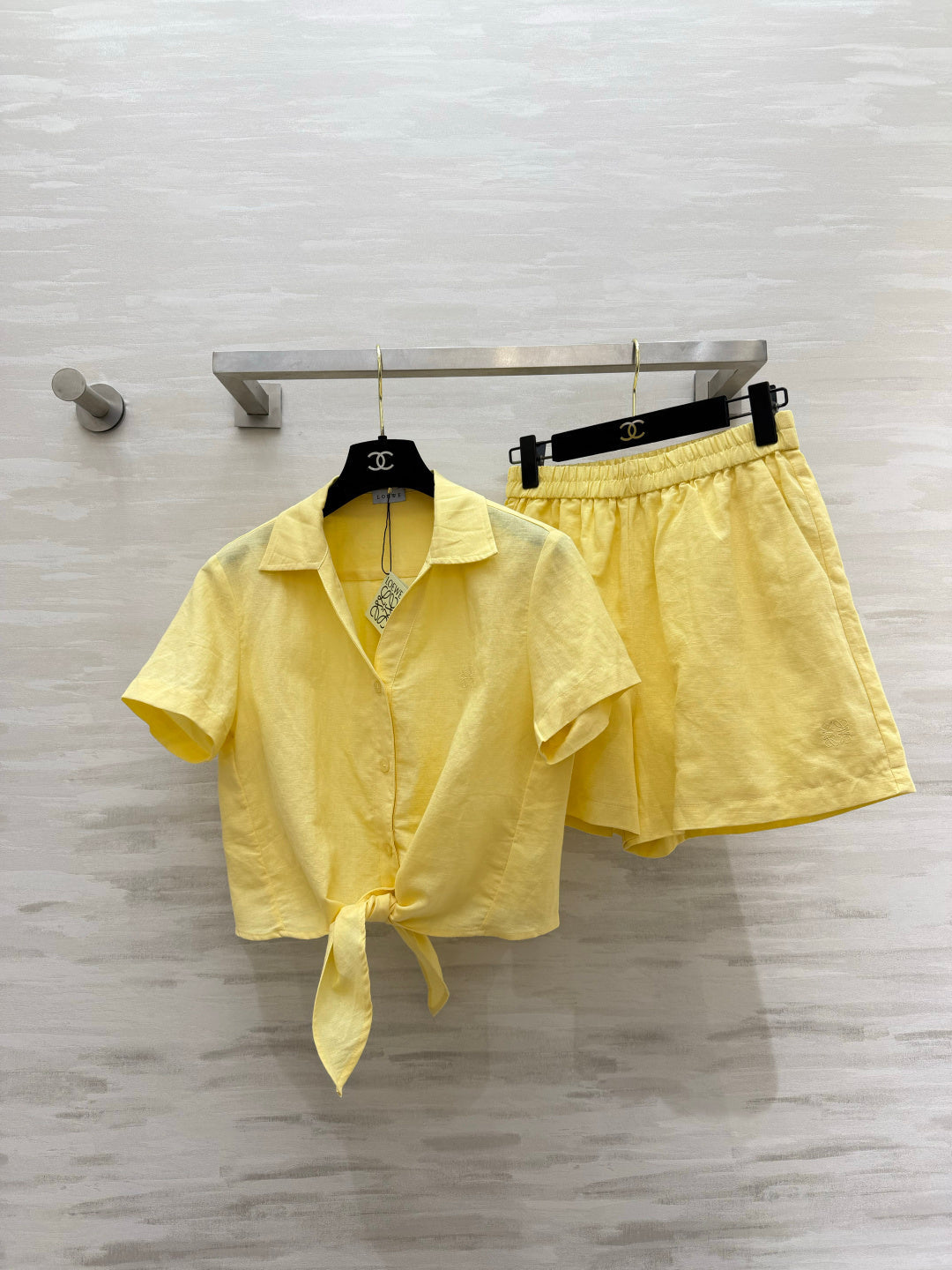 Loewe Summer Essential Two-Piece Set Shirt Loose Shorts Yellow Cotton 410421