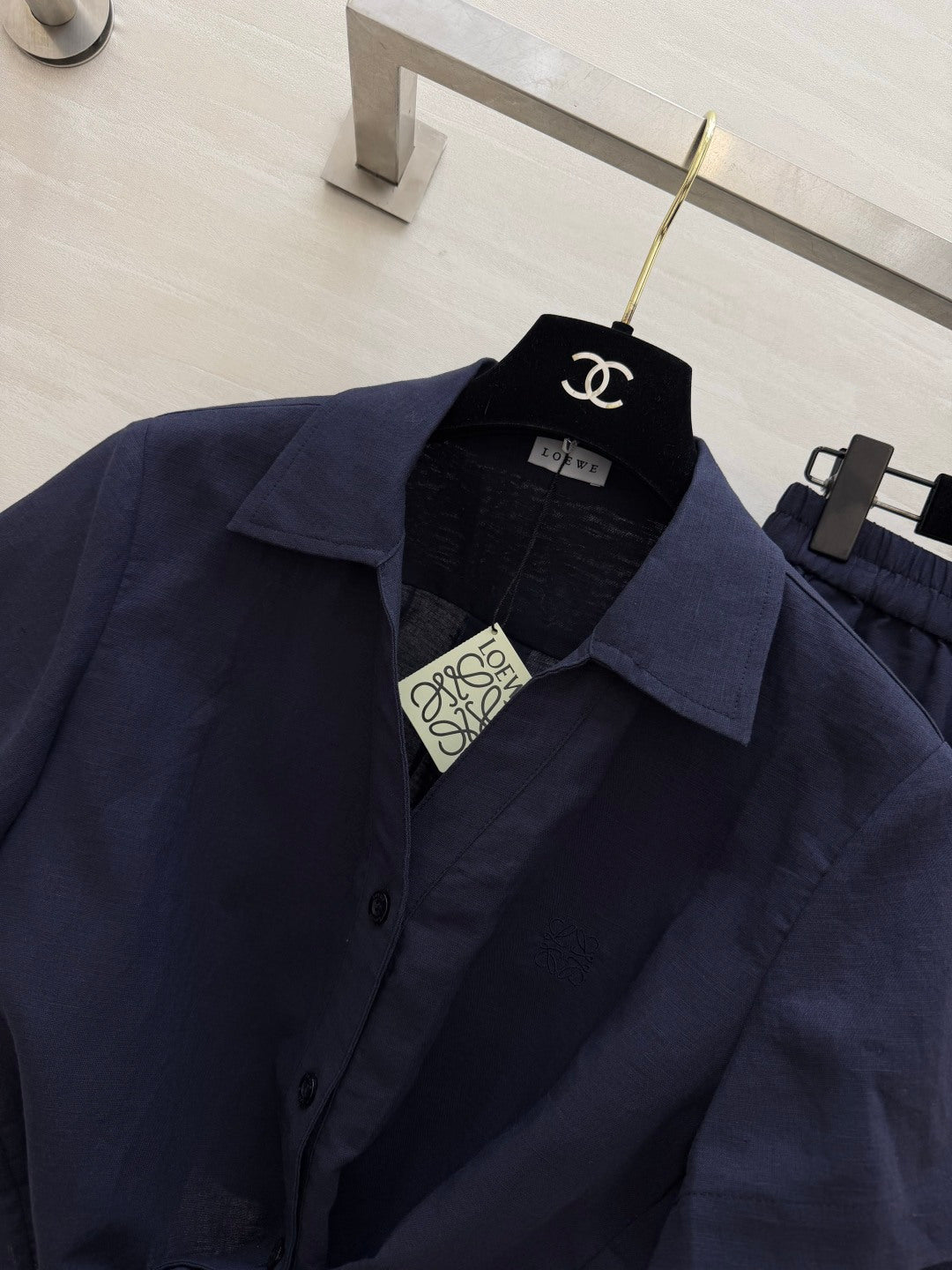 Loewe Summer Essential Two-Piece Set Shirt Loose Shorts Dark Blue Cotton 410411