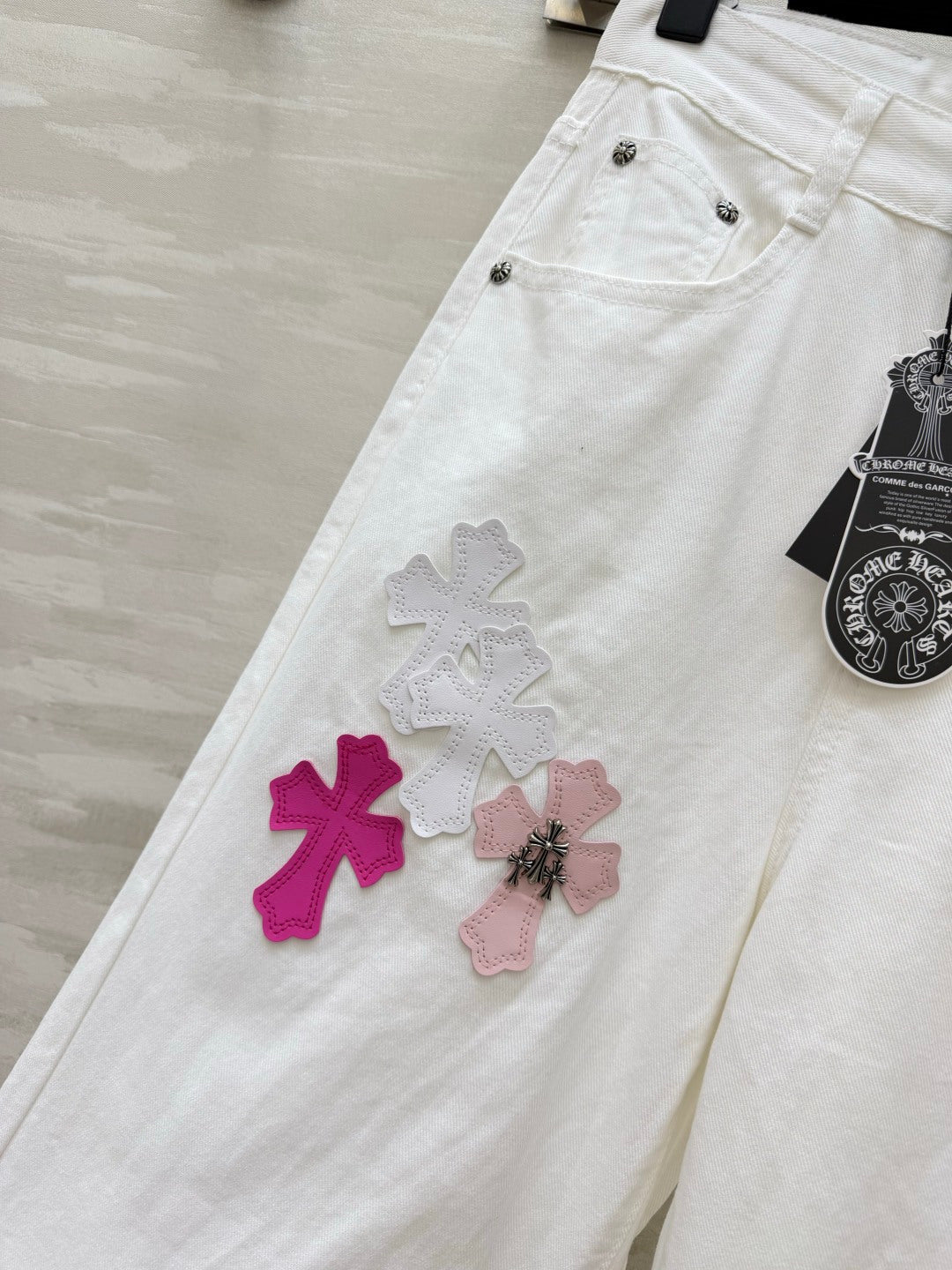 Chorme Heart Cross Patchwork Jeans Pink White Denim 408813