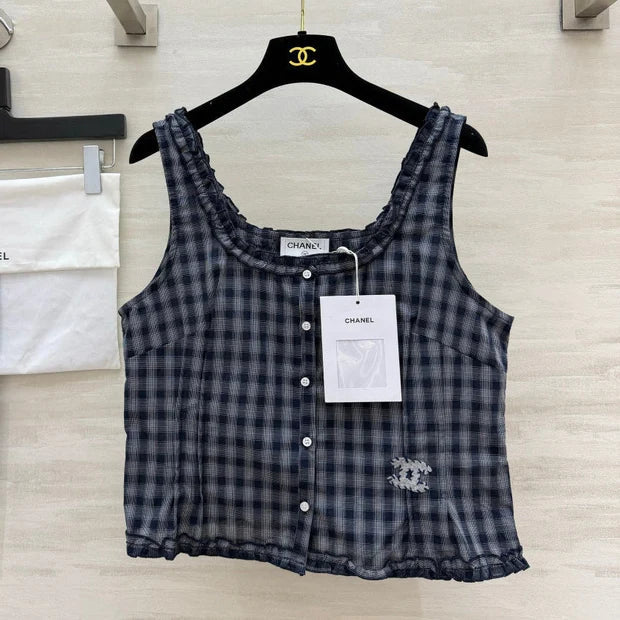 Chanel 2026 Checkered Ruffled Camisole Navy Blue Cotton