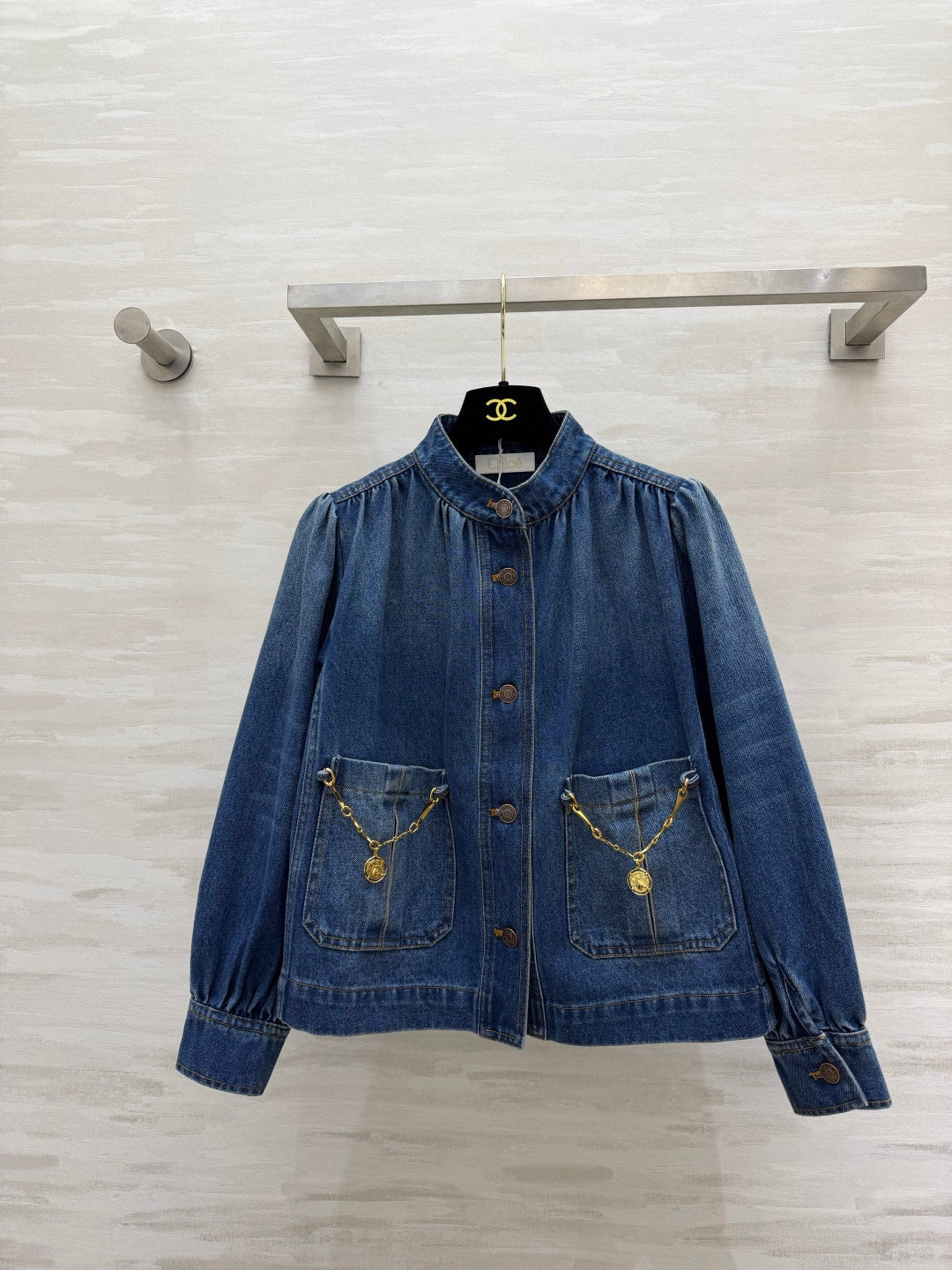 Chleo 26s High-neck gathered jacket in denim Indigo Cotton 414168