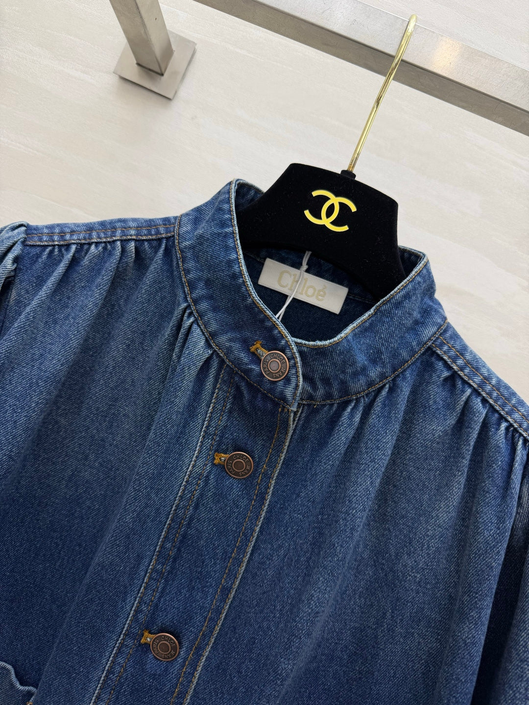 Chleo 26s High-neck gathered jacket in denim Indigo Cotton 414168