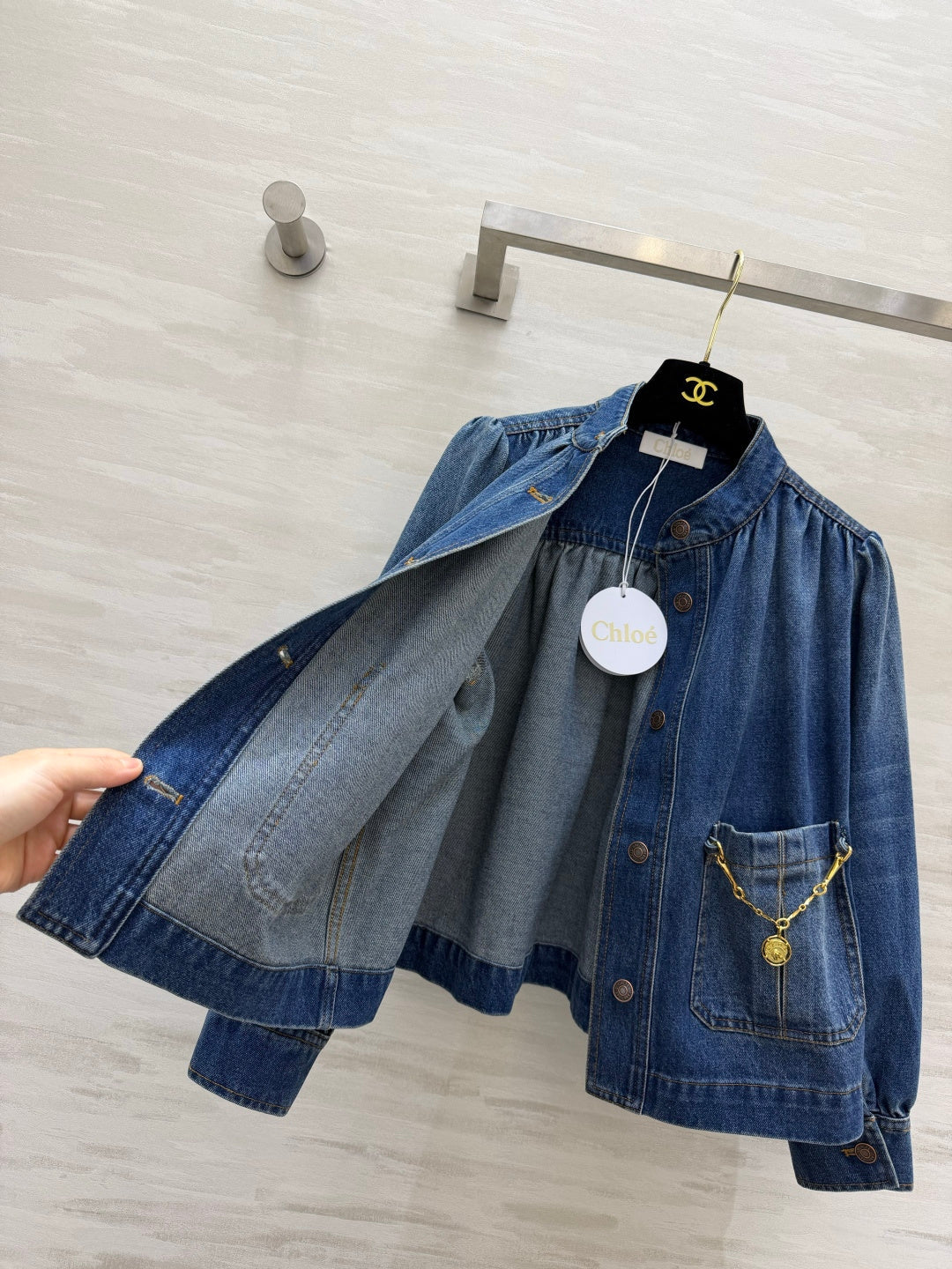 Chleo 26s High-neck gathered jacket in denim Indigo Cotton 414168