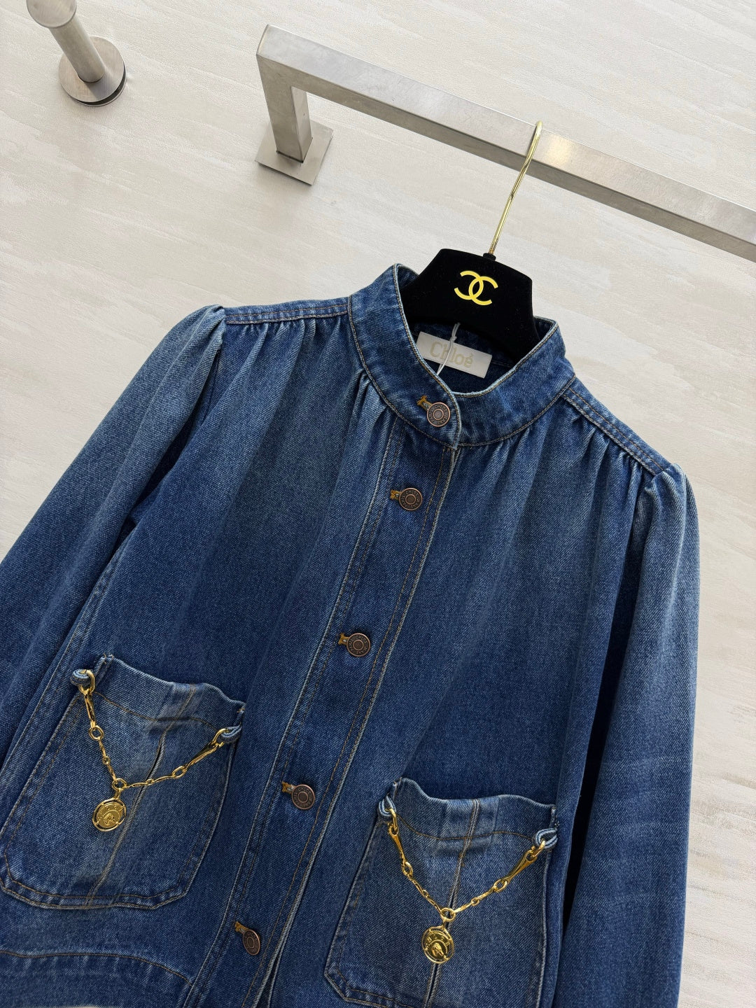Chleo 26s High-neck gathered jacket in denim Indigo Cotton 414168
