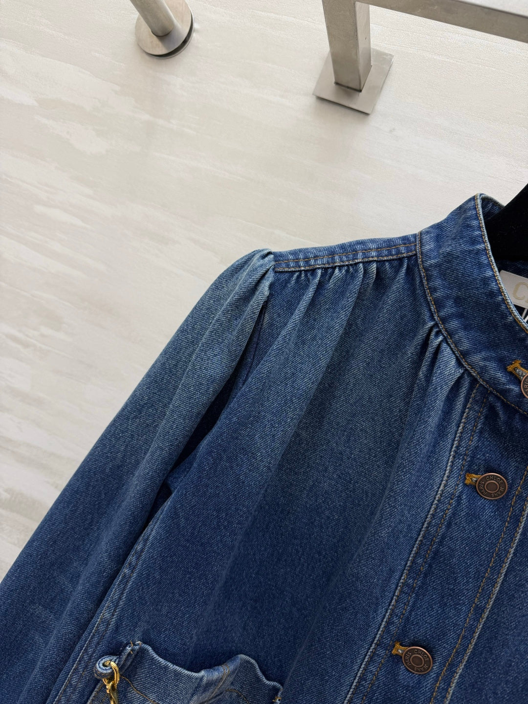 Chleo 26s High-neck gathered jacket in denim Indigo Cotton 414168