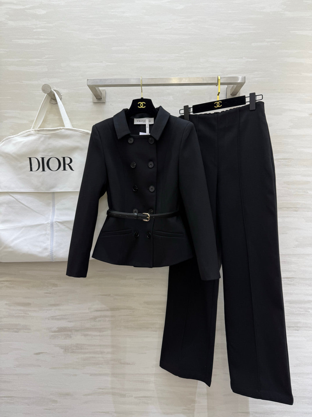 CD 26s Set Belted Jacket & Pant Black Virgin Wool and Silk 414136