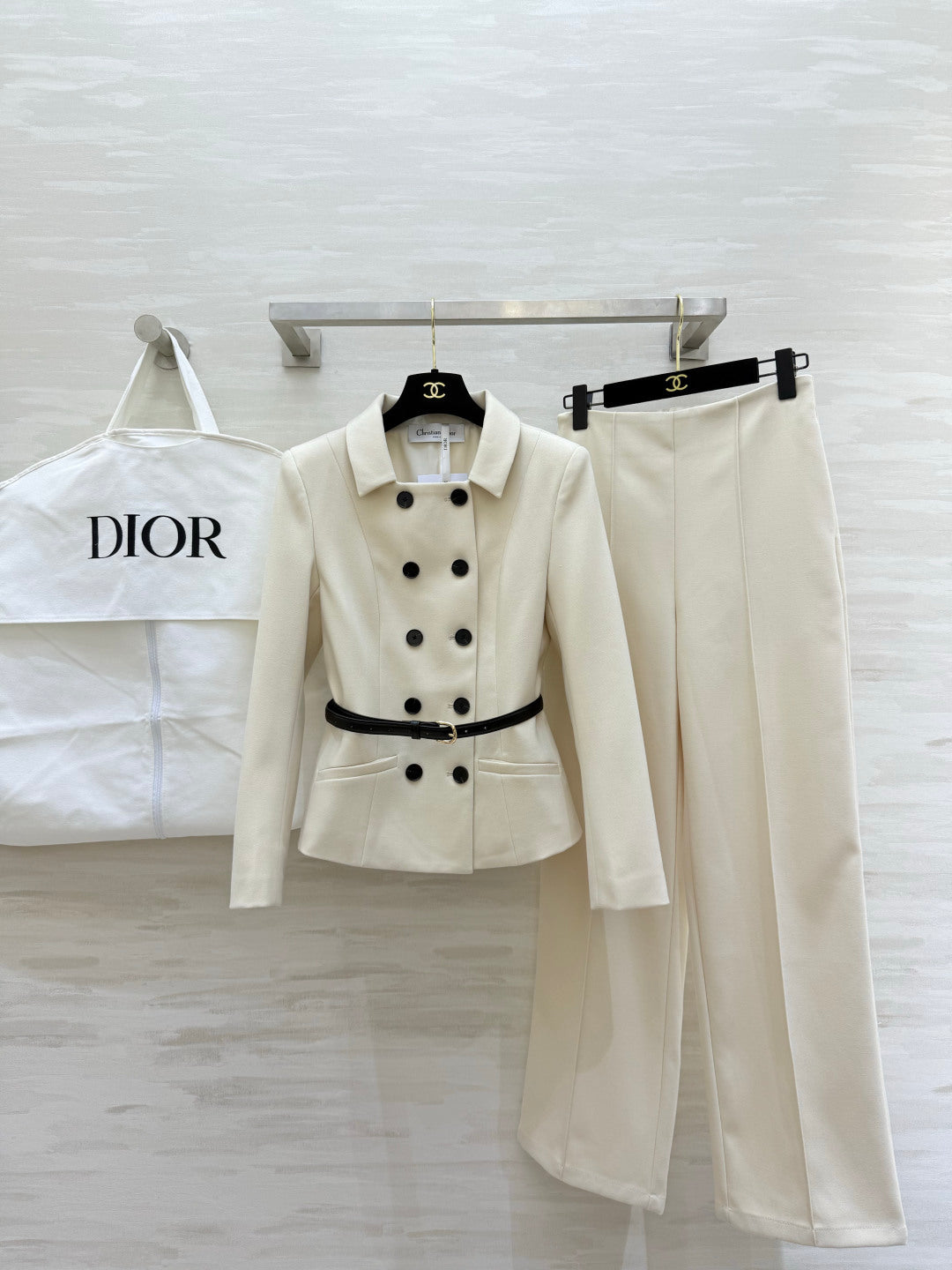 CD 26s Set Belted Jacket & Pant Ecru Virgin Wool and Silk 414131