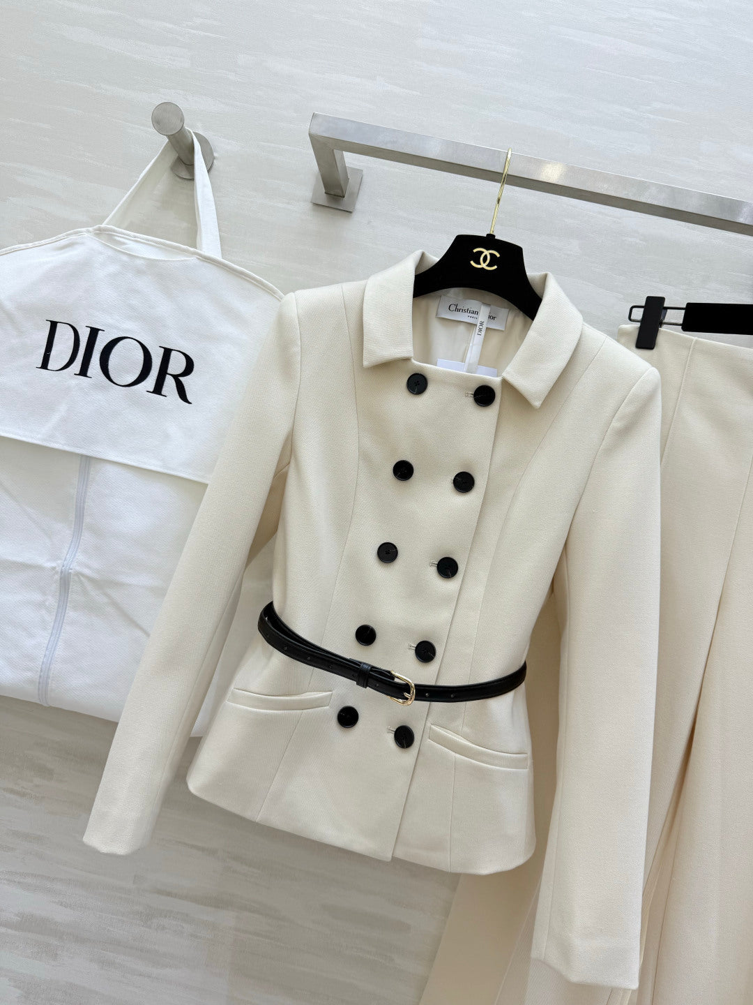 CD 26s Set Belted Jacket & Pant Ecru Virgin Wool and Silk 414131