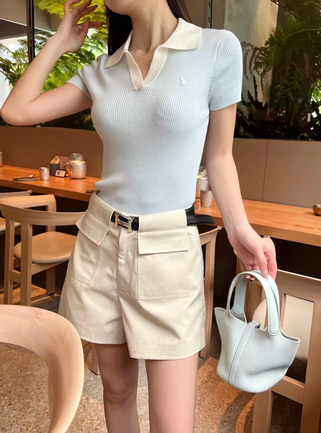 HM 26s Cargo Shorts with H-Buck Metal Belt Cream Cotton 413970