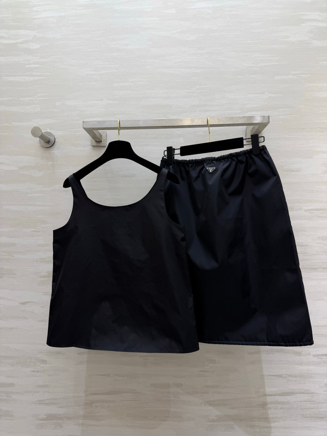 Prada Two-Piece Set Drawstring Skirt U-neck Black Camisole Nylon 416021