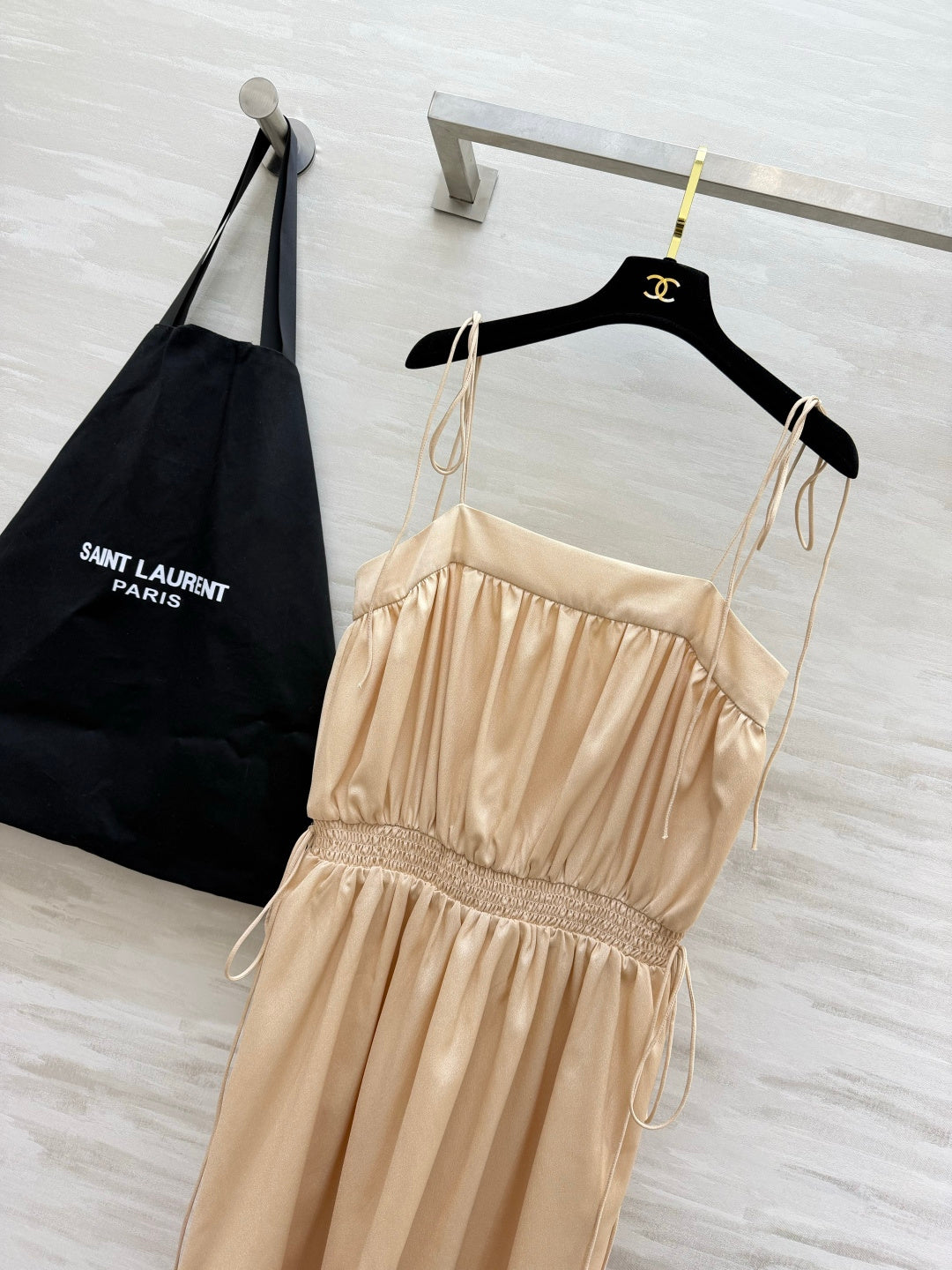 YSL 26s Ballon Midi Dress Light Beige Silk 415980