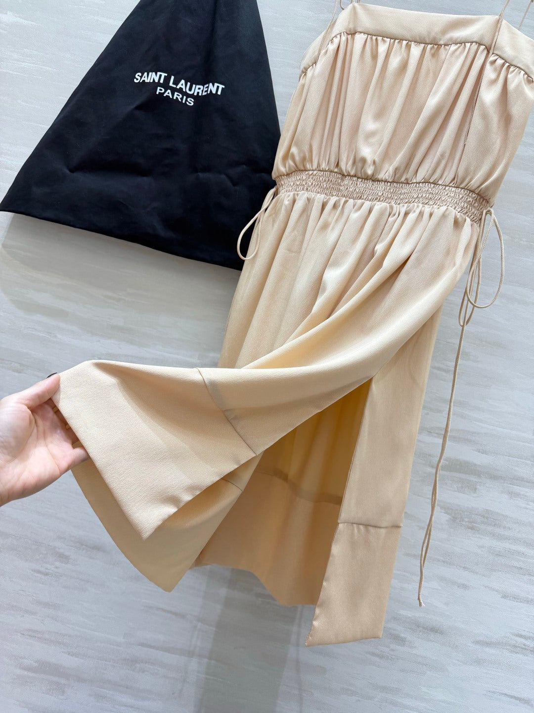 YSL 26s Ballon Midi Dress Light Beige Silk 415980