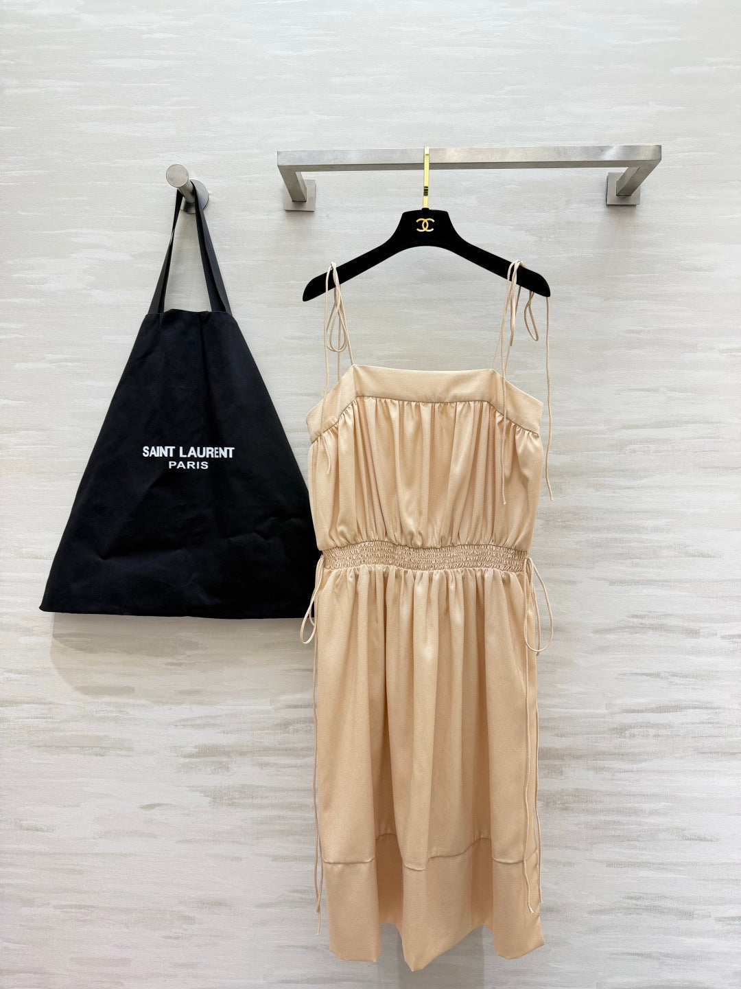 YSL 26s Ballon Midi Dress Light Beige Silk 415980