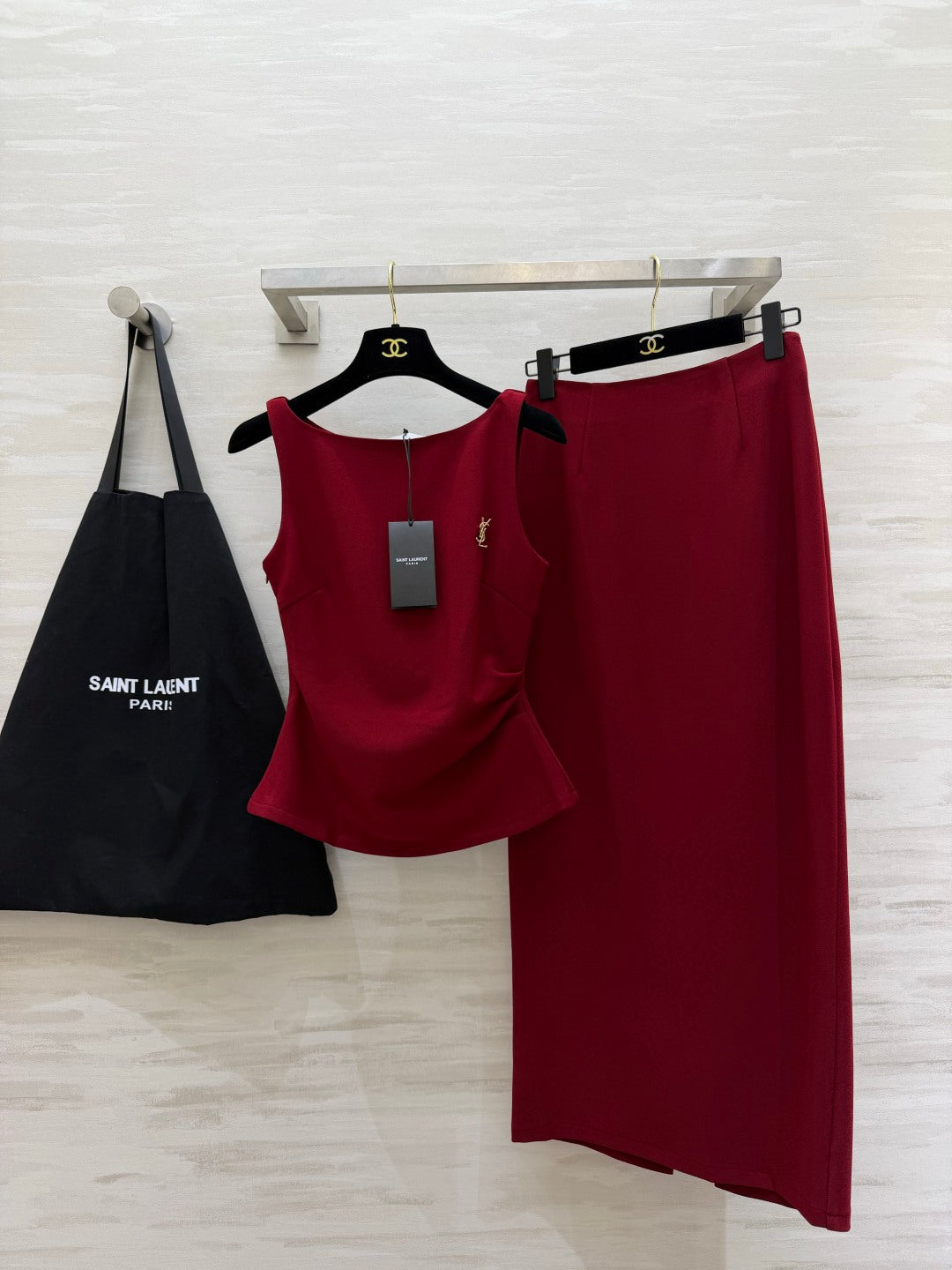 YSL 26s Sleeveless Vest + Straight Skirt Set Burgundy Linen 422159