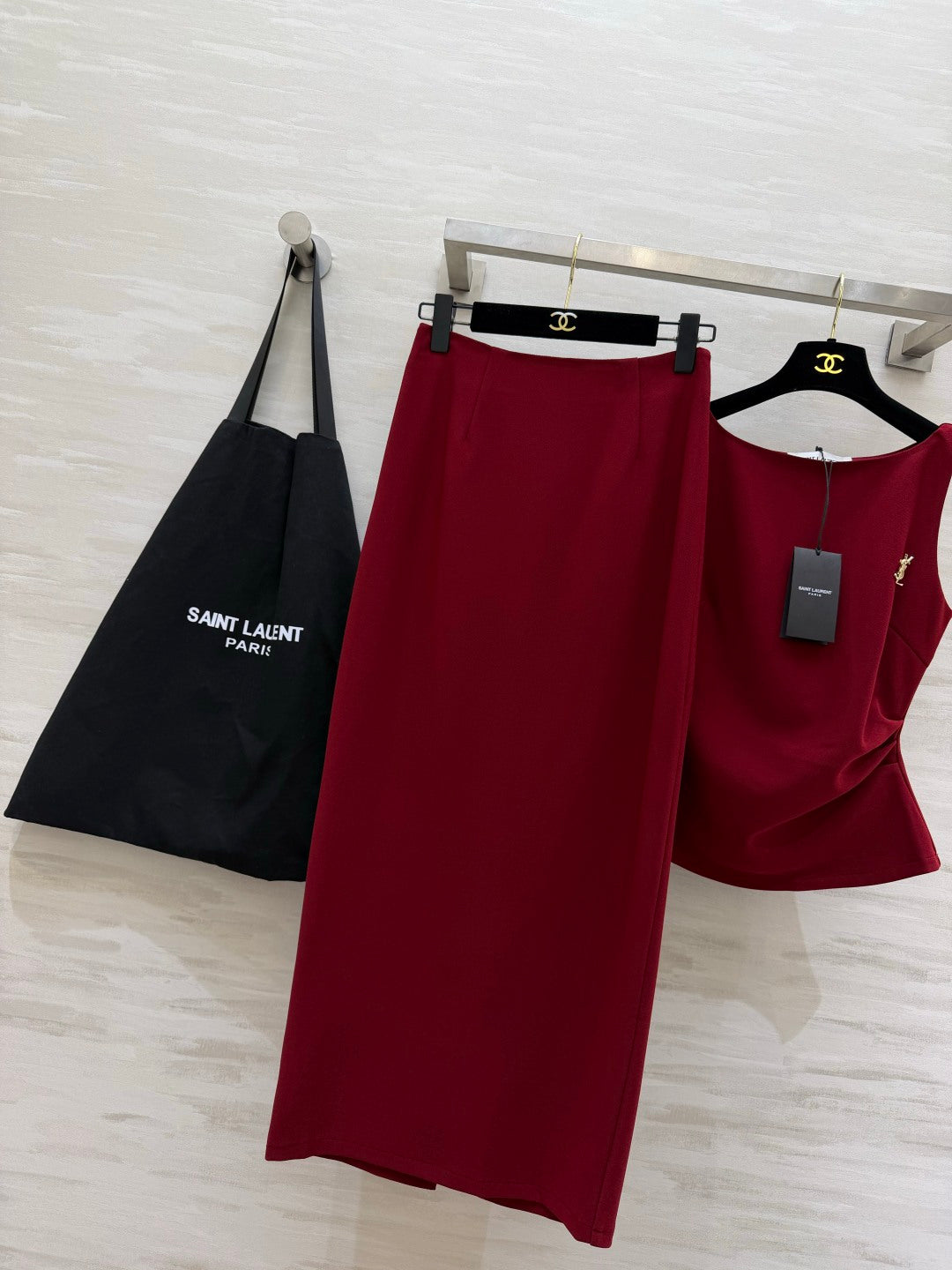 YSL 26s Sleeveless Vest + Straight Skirt Set Burgundy Linen 422159