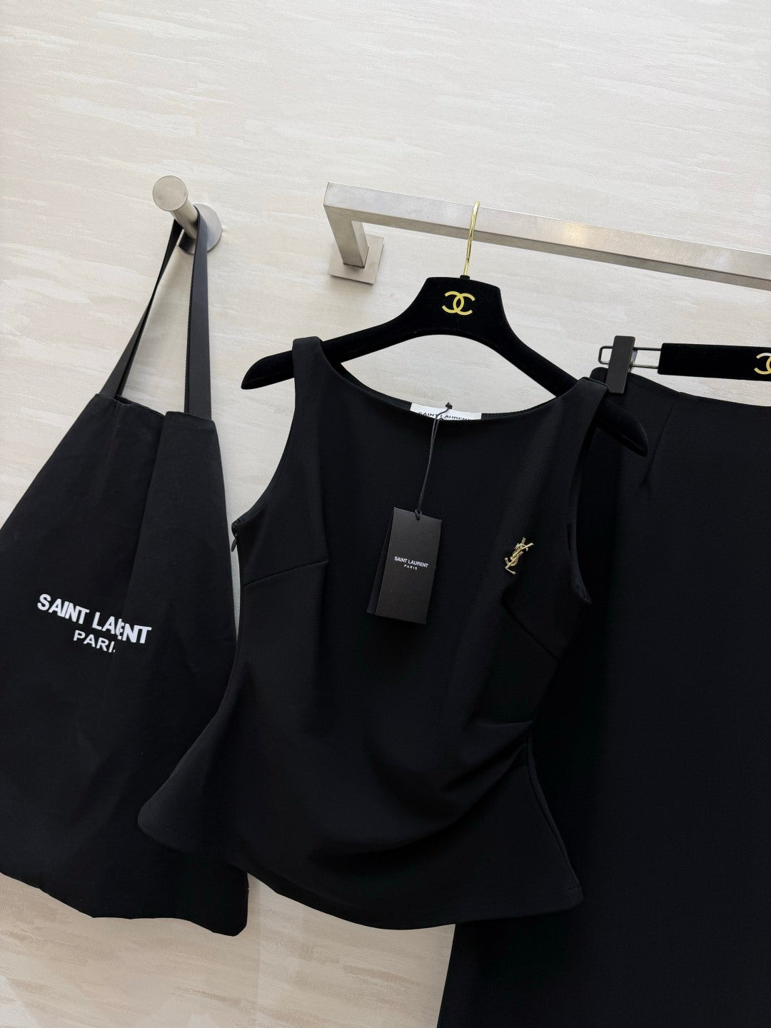 YSL 26s Sleeveless Vest + Straight Skirt Set Black Linen 422154