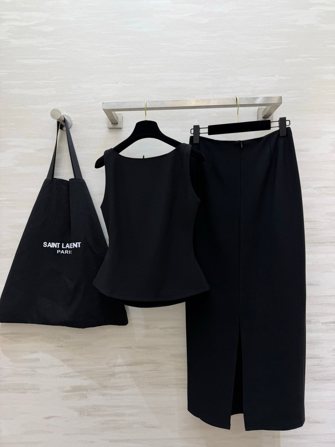 YSL 26s Sleeveless Vest + Straight Skirt Set Black Linen 422154