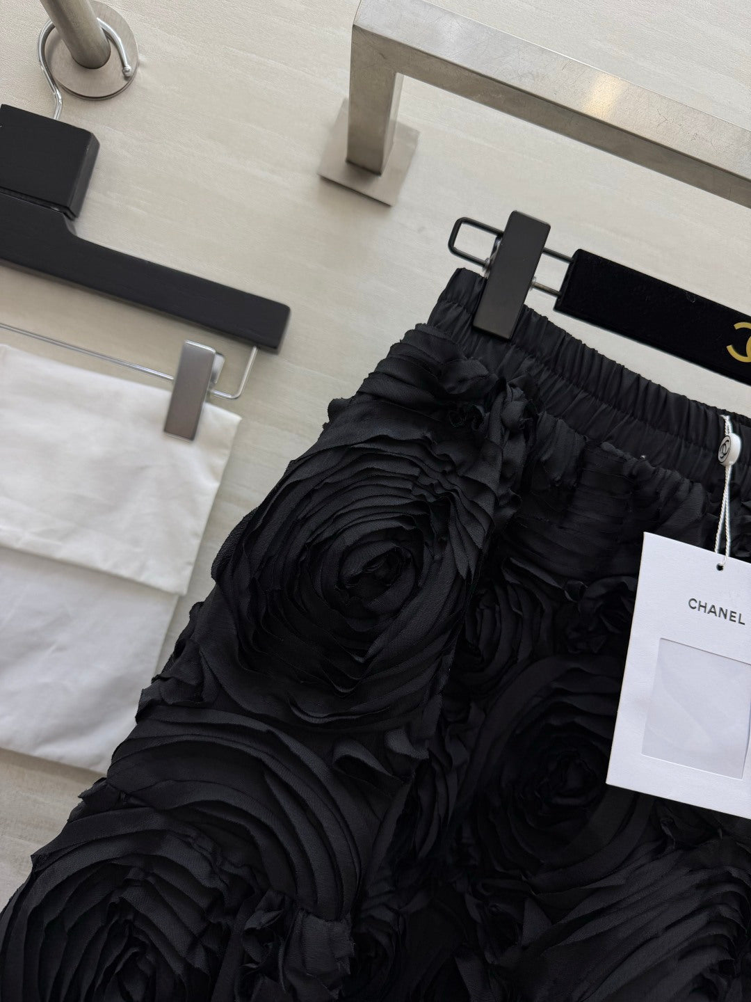 Chanel 26s 3D Floral Rosette A-Line Midi Skirt Black 438871