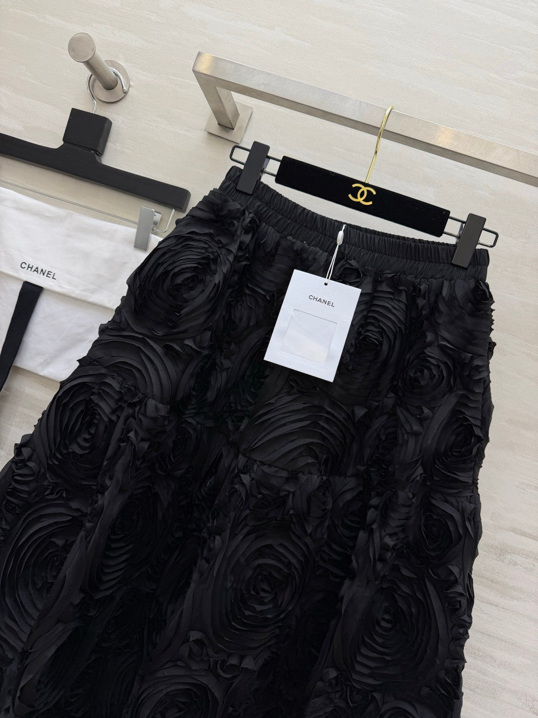 Chanel 26s 3D Floral Rosette A-Line Midi Skirt Black 438871