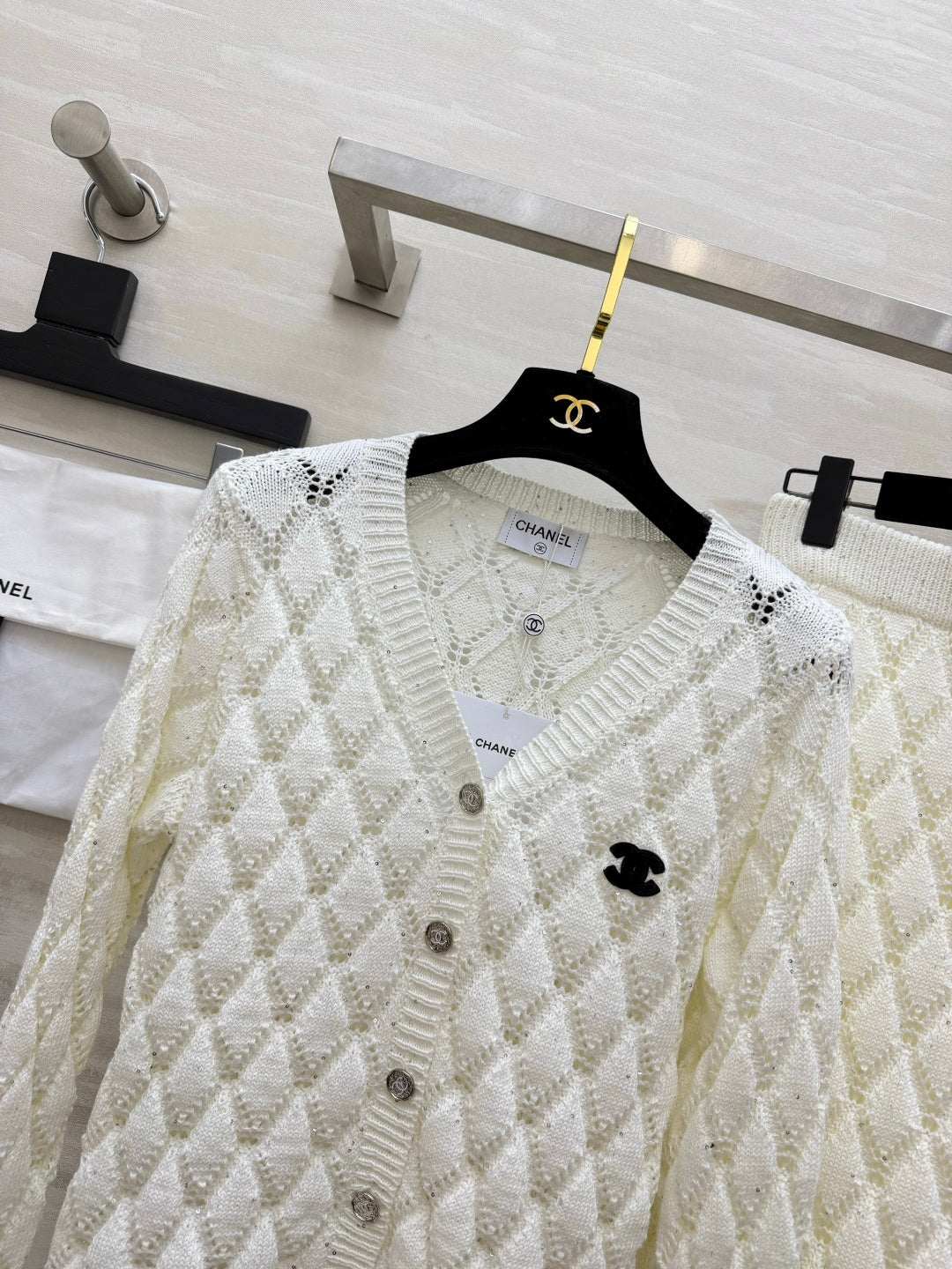 Chanel 26s Diamond Open-Knit Cardigan and Skirt Set White 438857