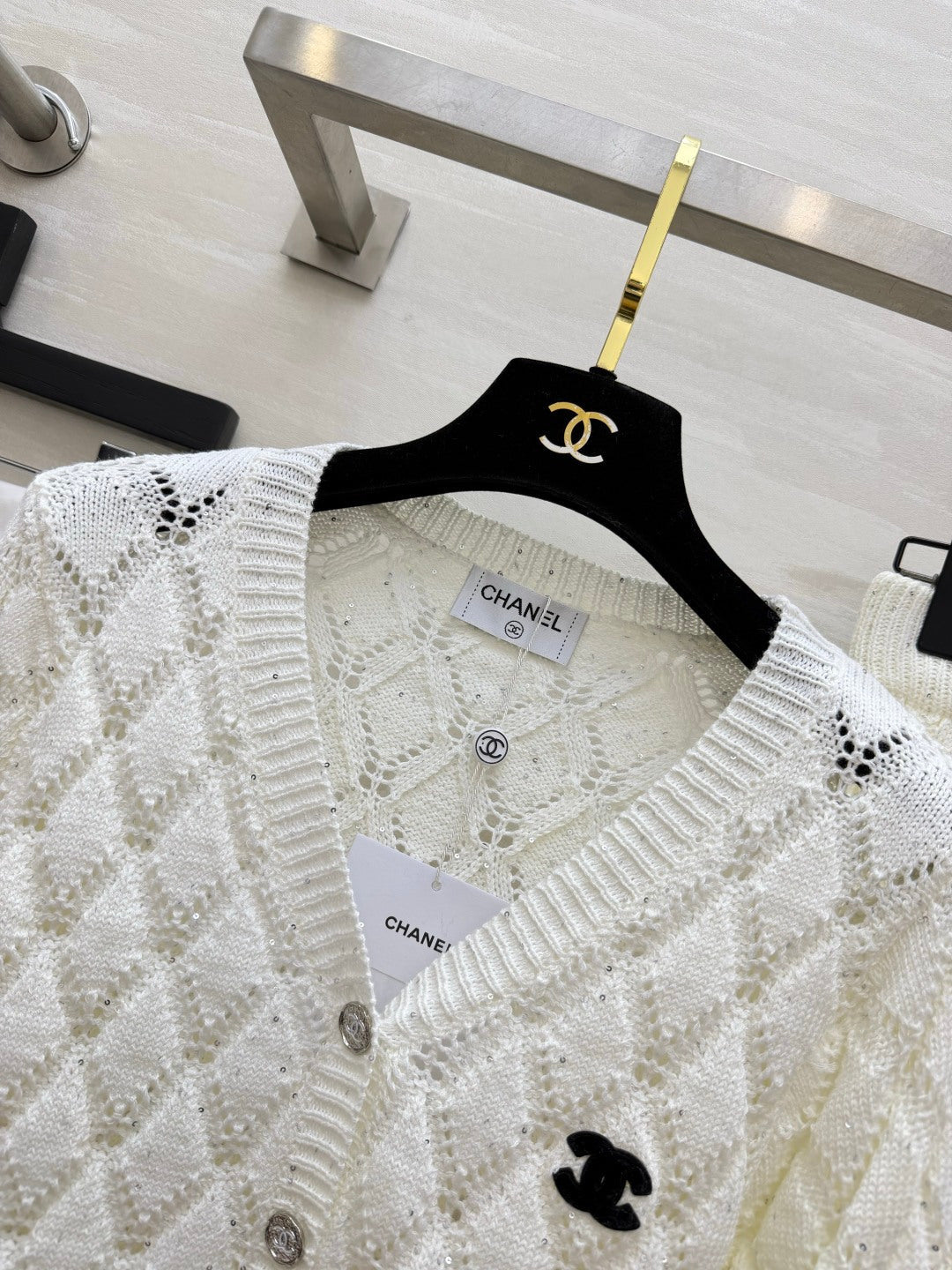 Chanel 26s Diamond Open-Knit Cardigan and Skirt Set White 438857