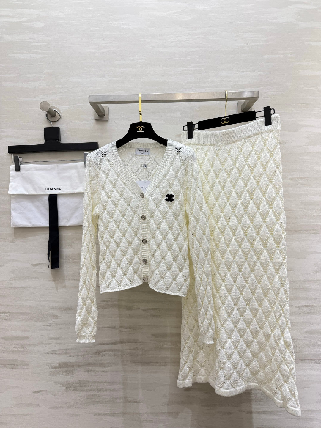 Chanel 26s Diamond Open-Knit Cardigan and Skirt Set White 438857