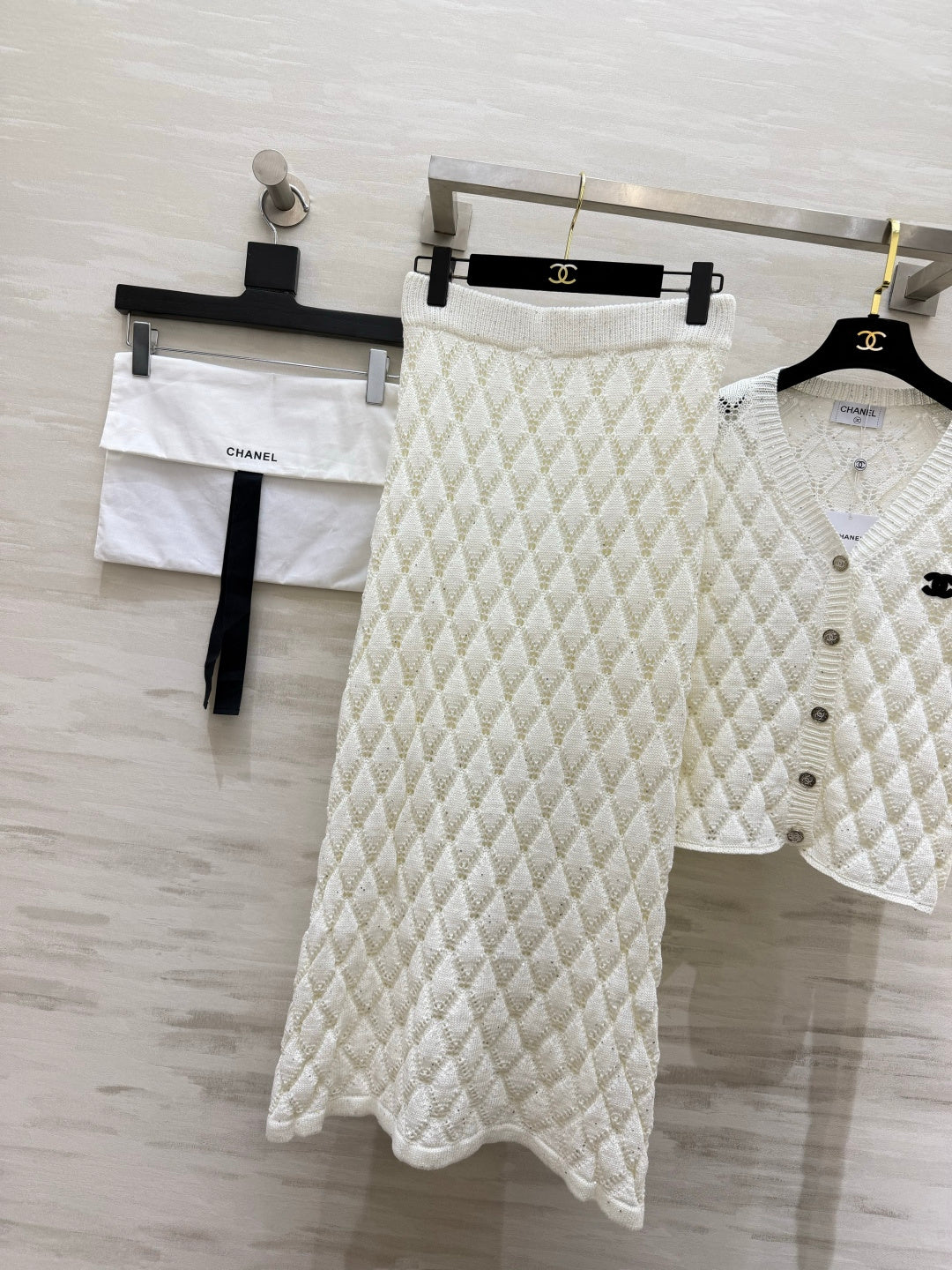 Chanel 26s Diamond Open-Knit Cardigan and Skirt Set White 438857