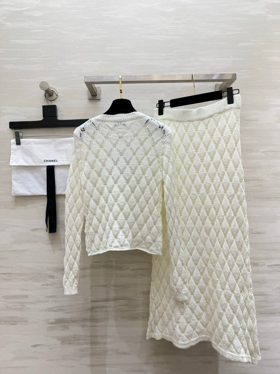 Chanel 26s Diamond Open-Knit Cardigan and Skirt Set White 438857